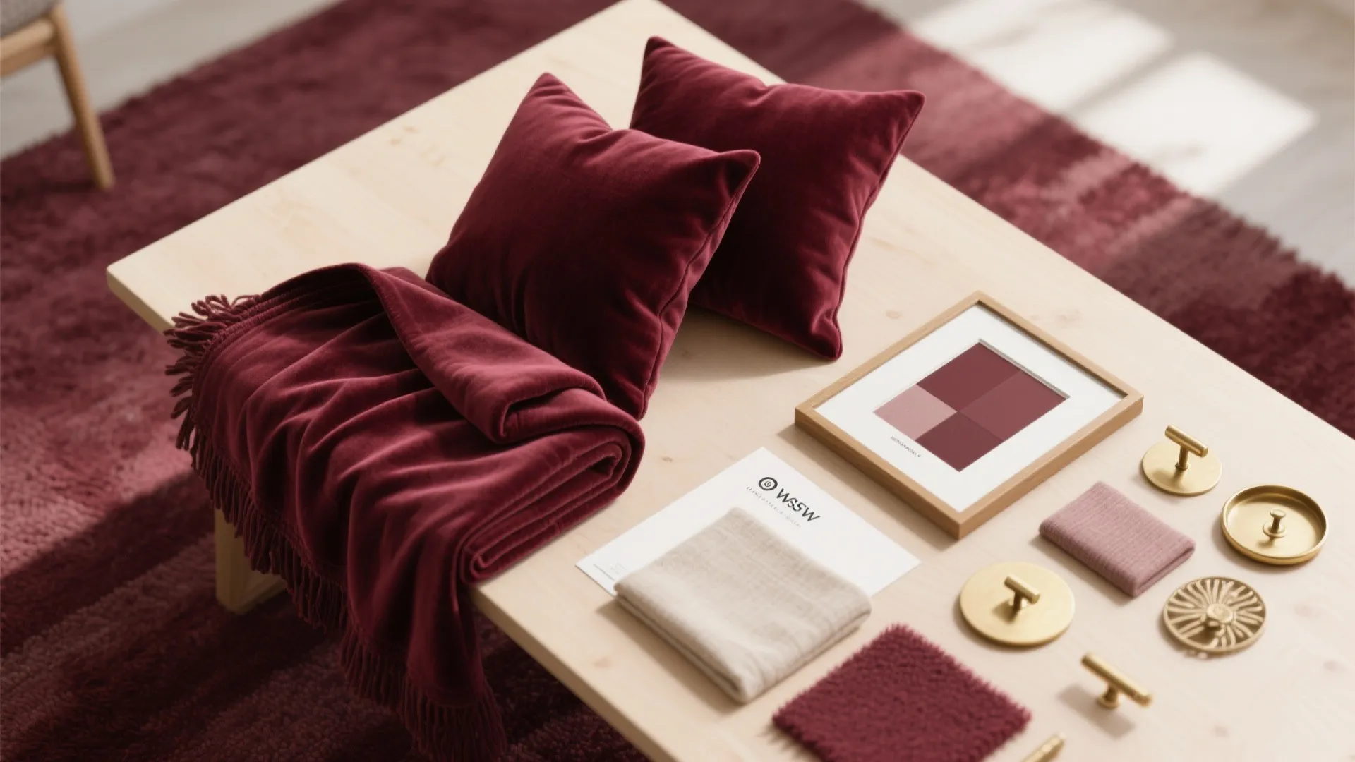 3. Monochrome layers: maroon textiles and tonal art