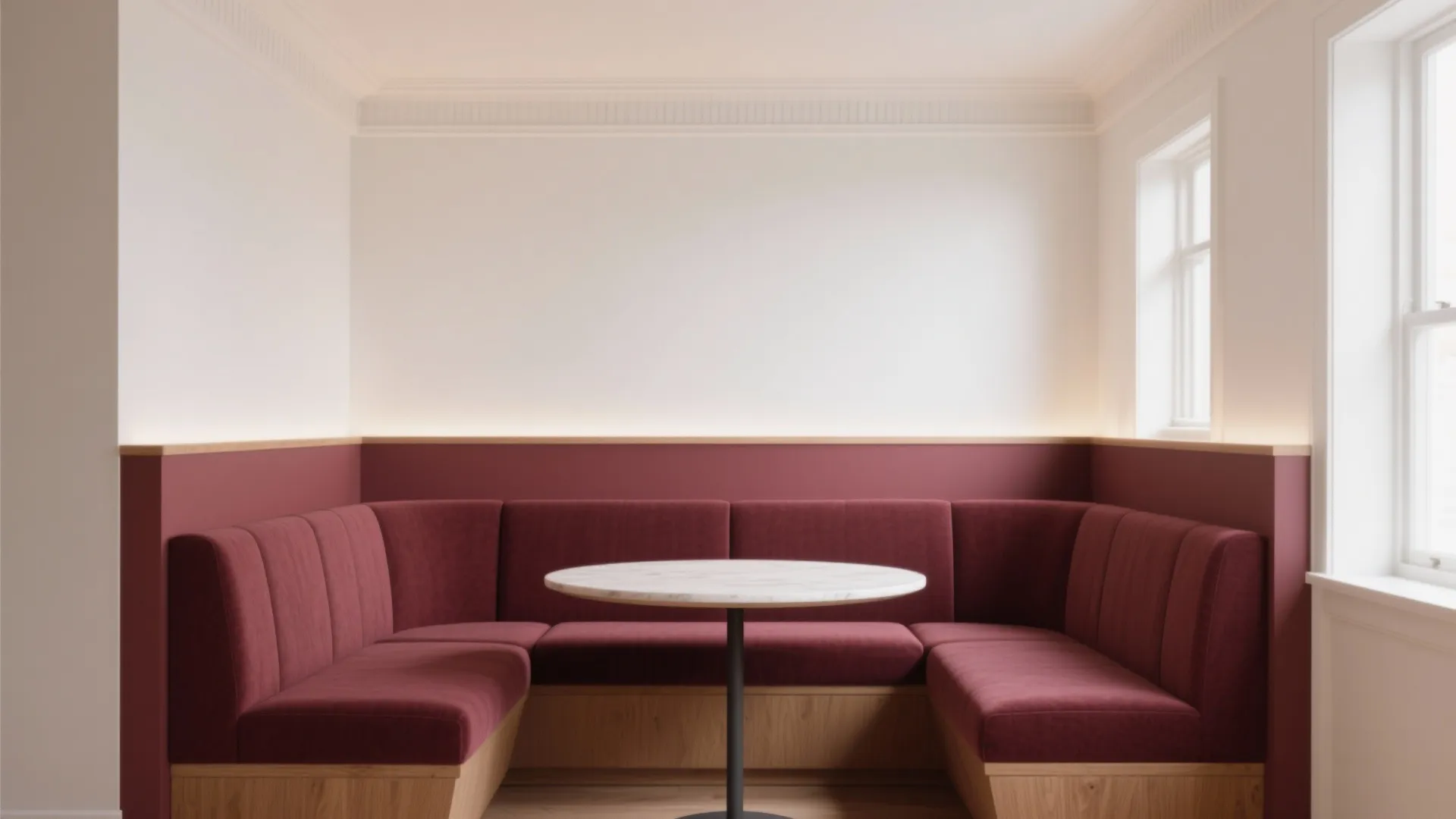 Dining area with maroon seating marble table wood base white walls and light from side windows