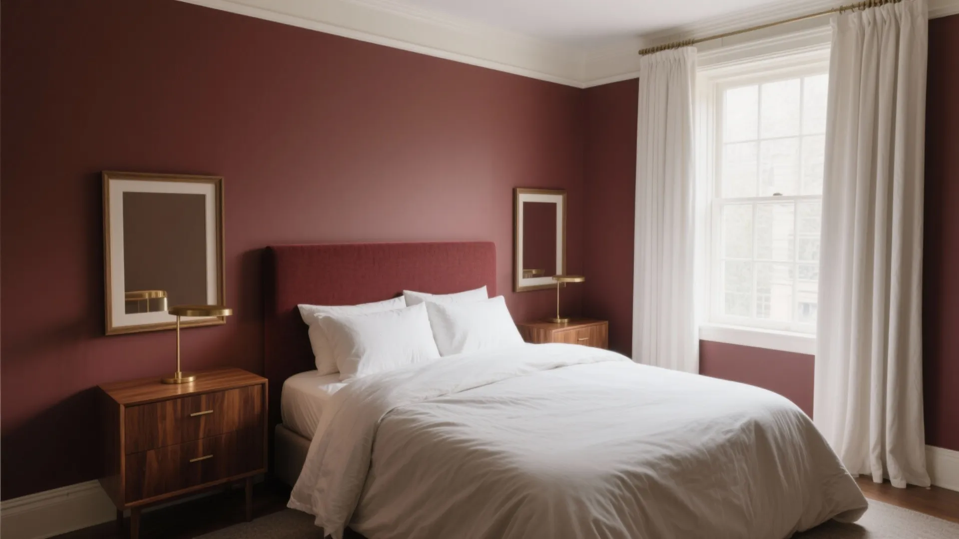 Maroon + warm wood in a small bedroom