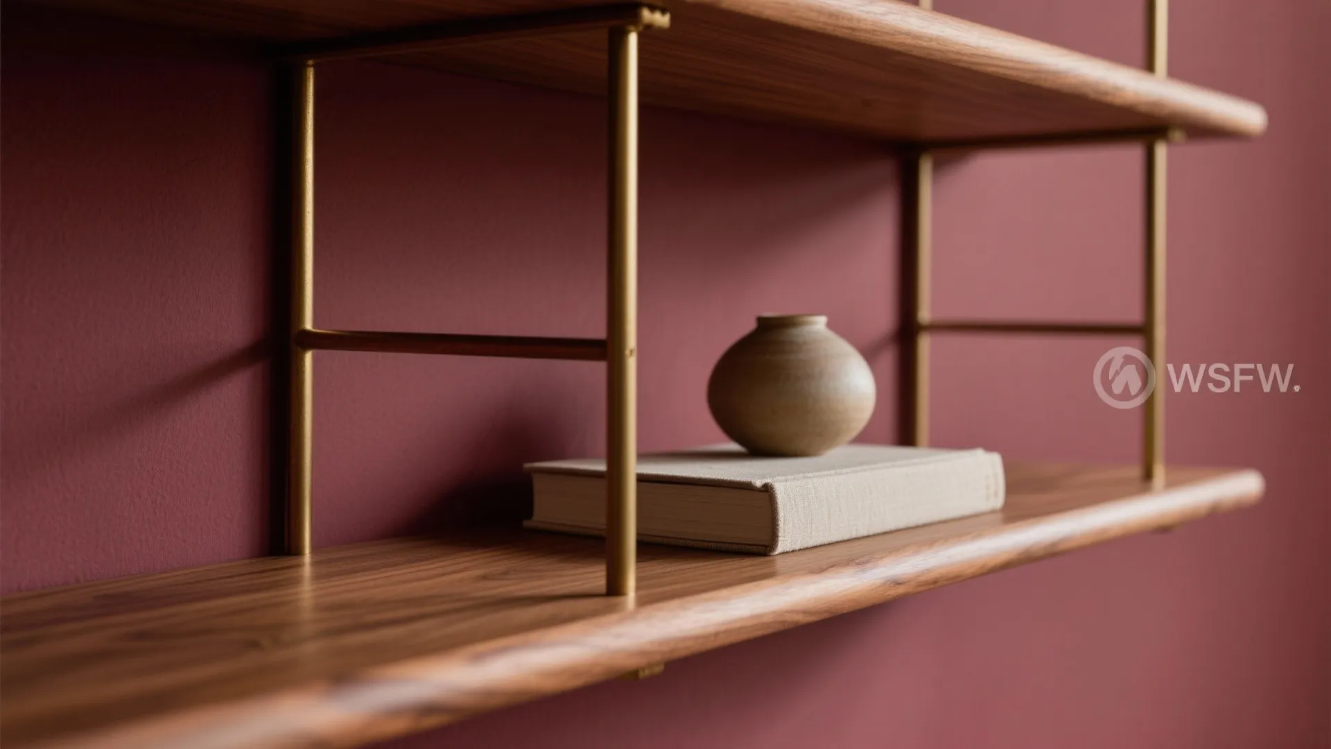 Close up of wooden wall shelf with gold supports holding a small vase and beige book
