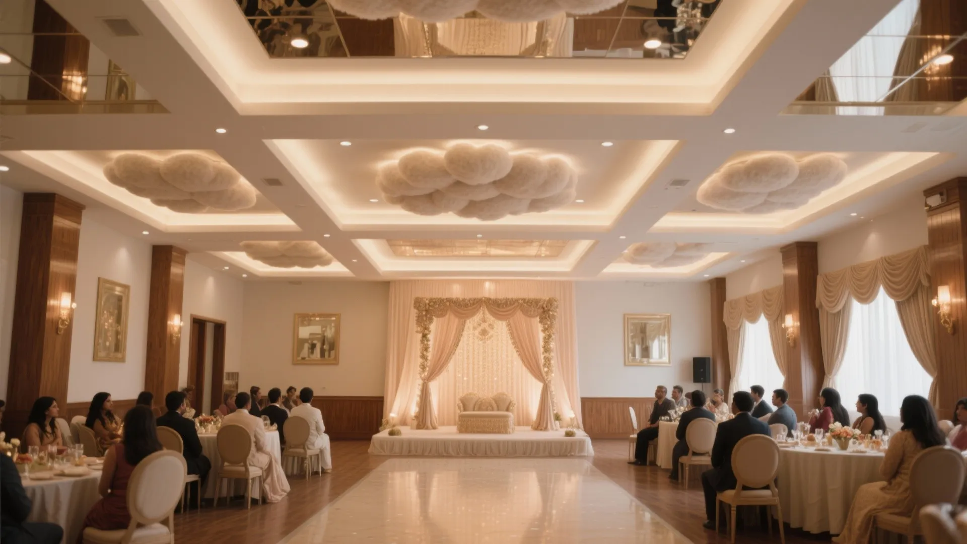 Elegant wedding hall with cloud ceiling light designs round dining tables and a stage setup