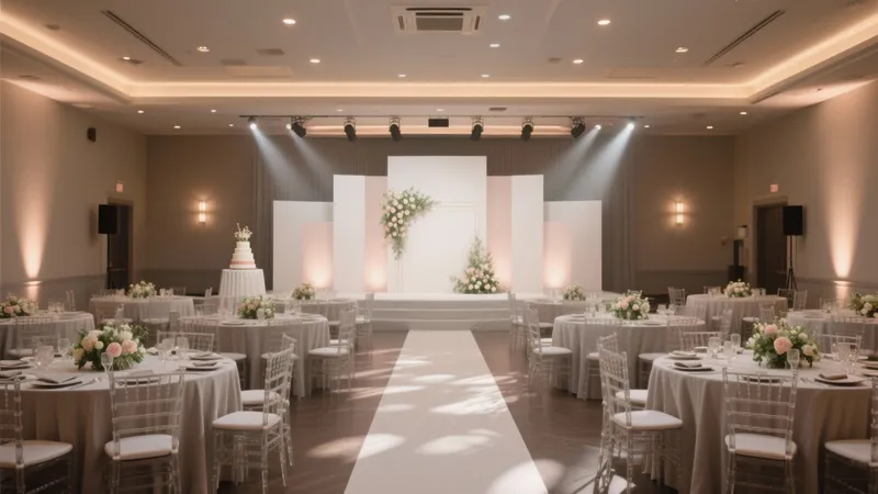 Elegant Wedding Reception Hall with Soft Lighting & Minimalist Stage