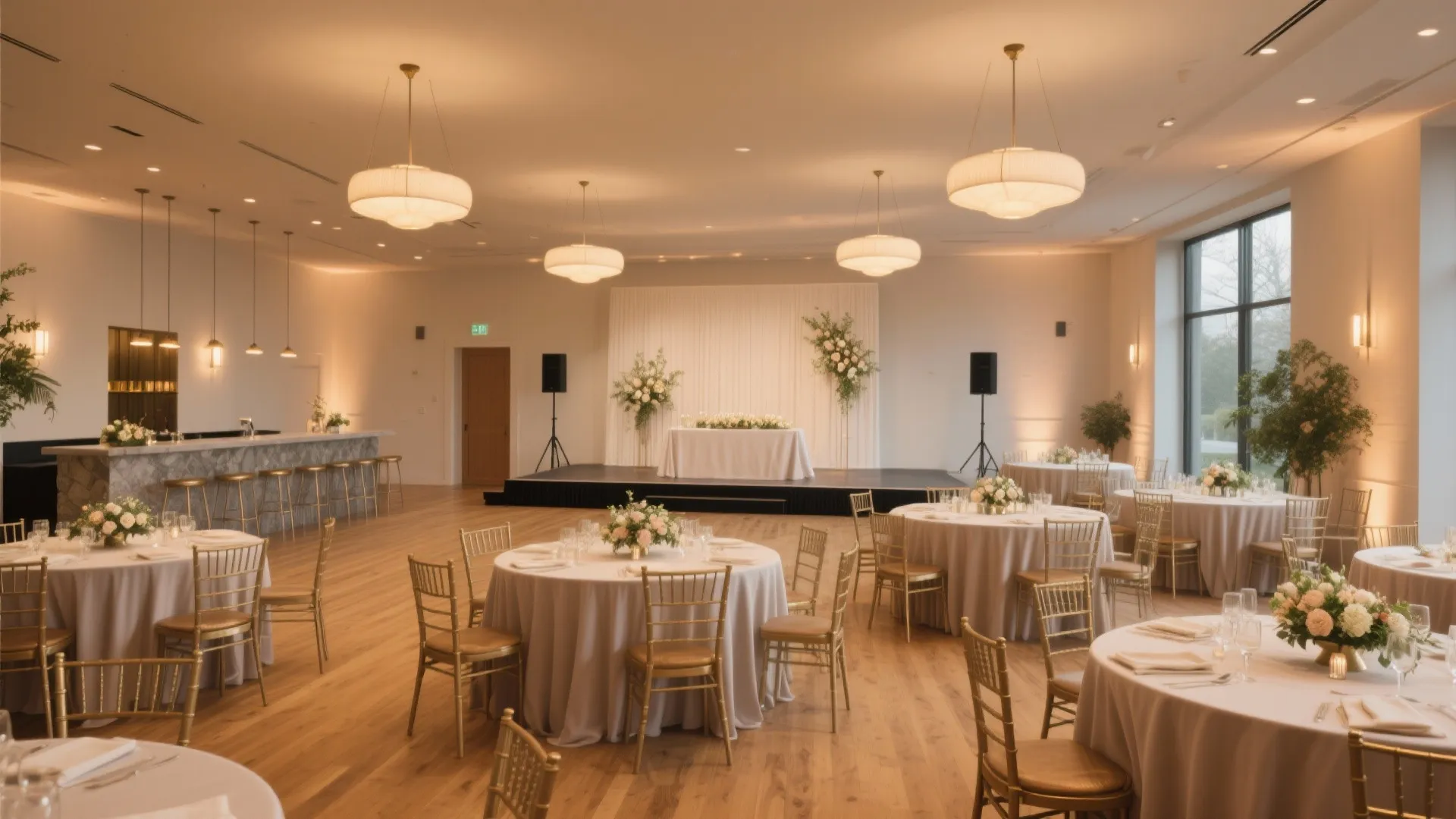 Large wedding hall room layout with round dining tables golden chairs and round ceiling lights