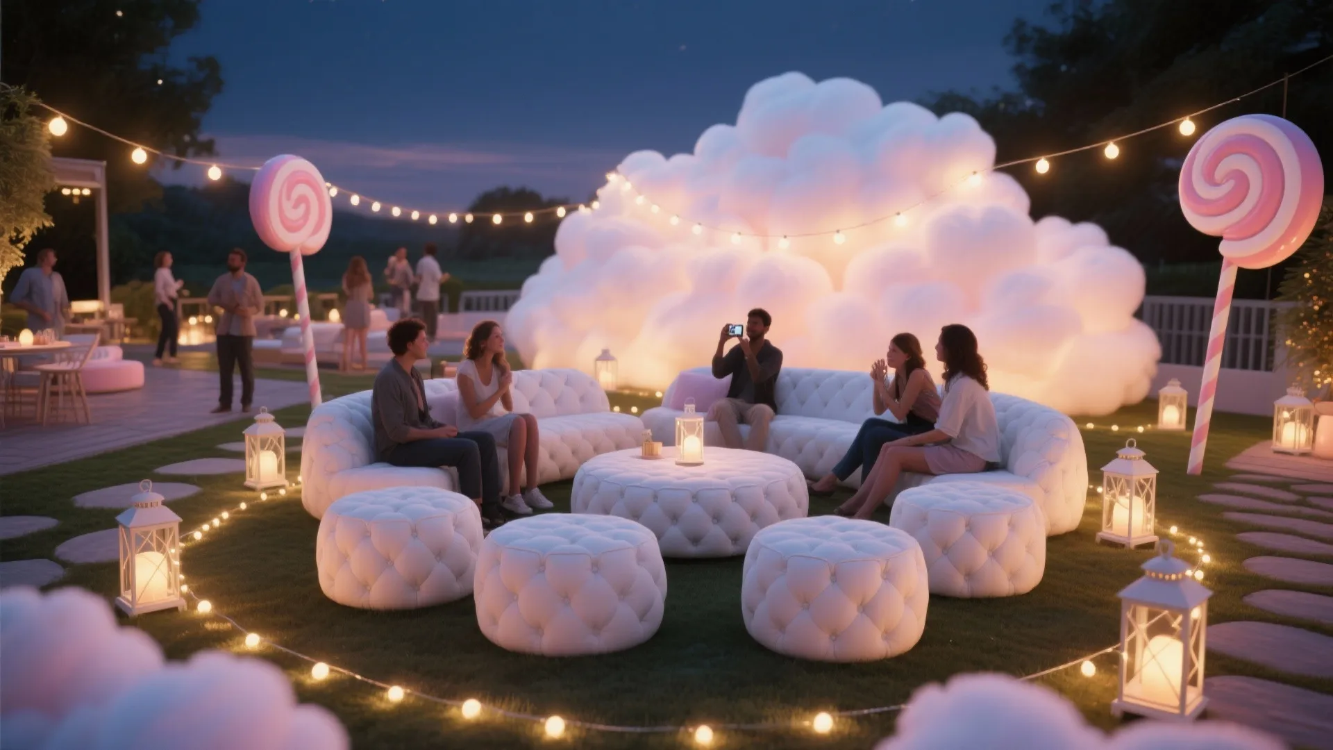 5. Marshmallow Cloud Lounge with Candy String Lights
