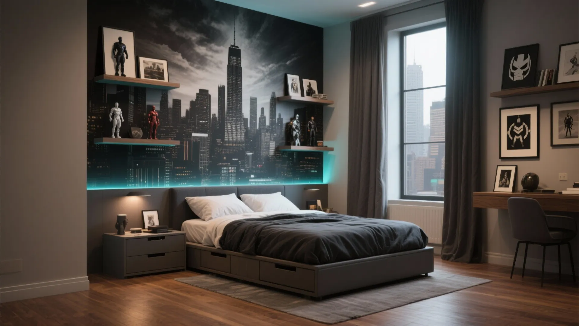 Dark grey bedroom featuring city wall mural glowing blue lights wooden floor and home office desk