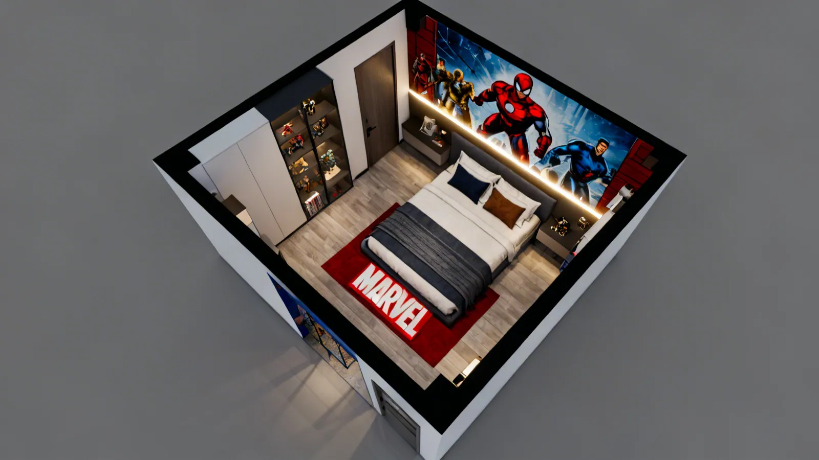 3d layout planning for marvel themed bedroom with furniture spacing
