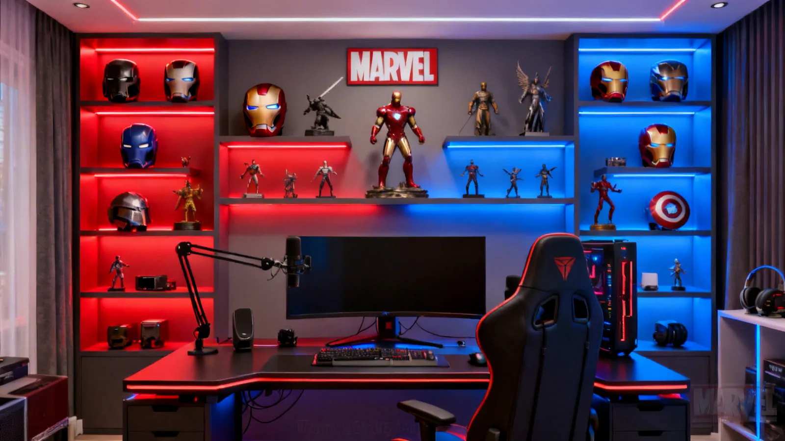 Marvel themed streaming background with LED shelf lighting and collectible helmets
