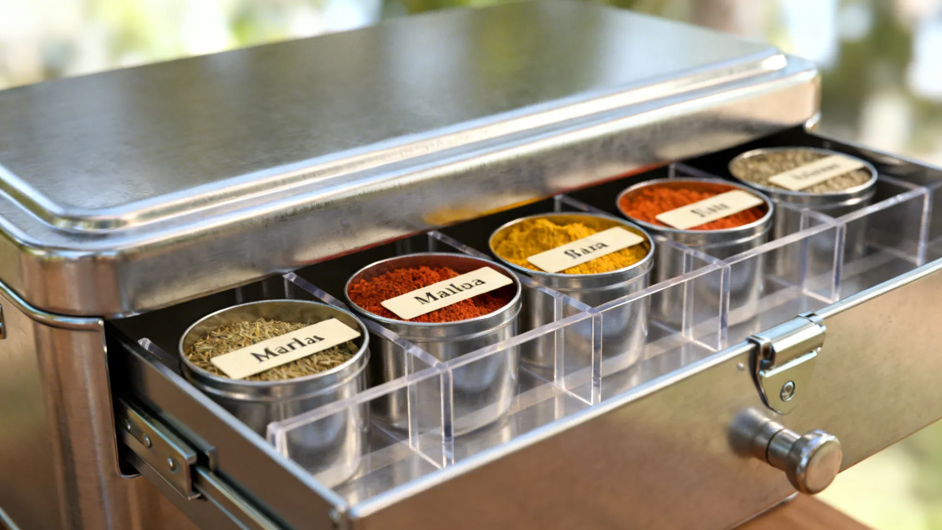 Stainless steel spice box with small metal containers holding colorful ground spices and clear labels