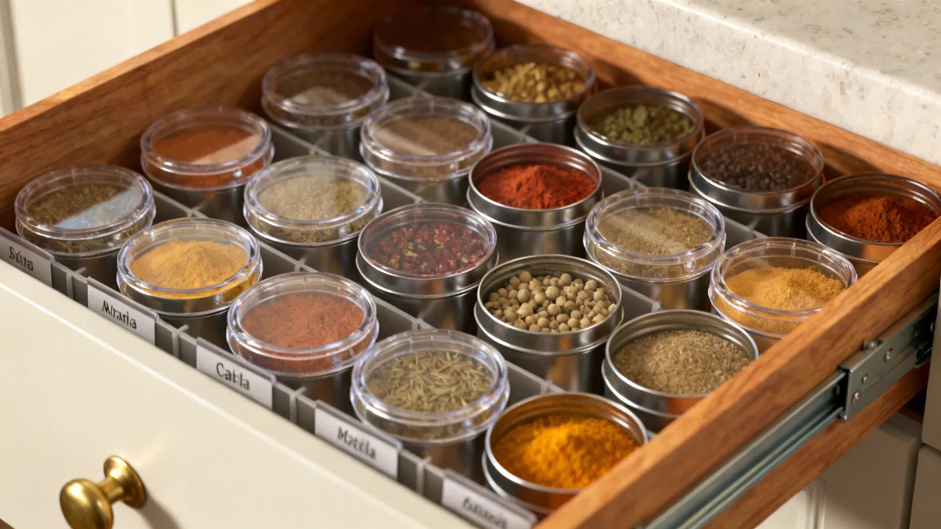 Close-up of open wooden kitchen drawer organized with many round metal jars filled with spices
