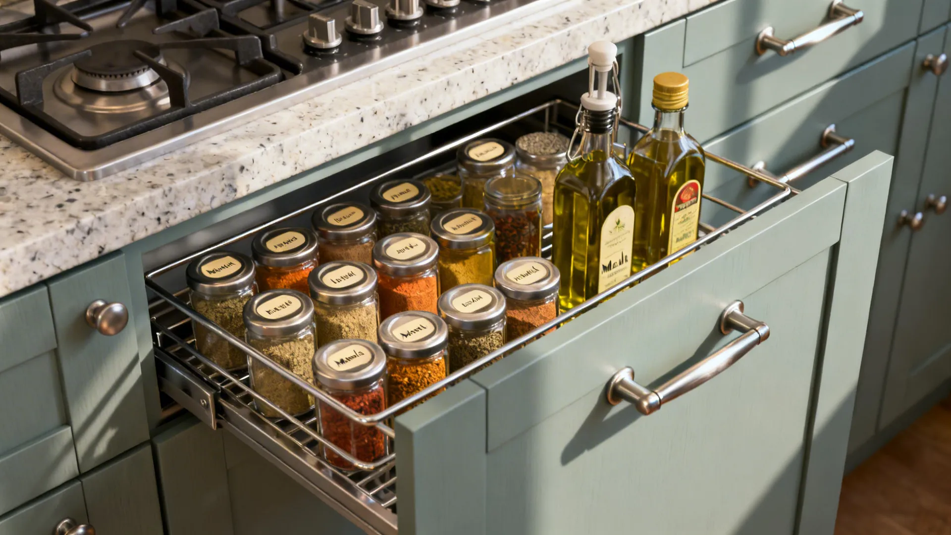 Close-up of a masala pull-out drawer with organized spice jars and oils.