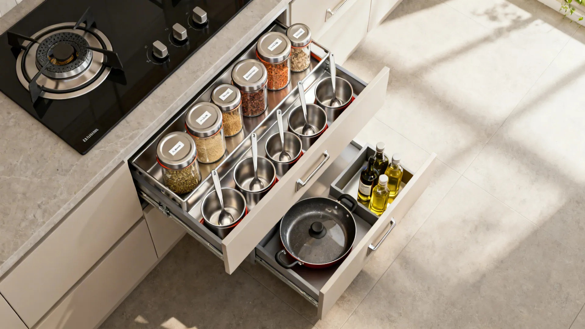 Top-down view of a masala drawer with tiered steel inserts beside a cooktop and tadka station.