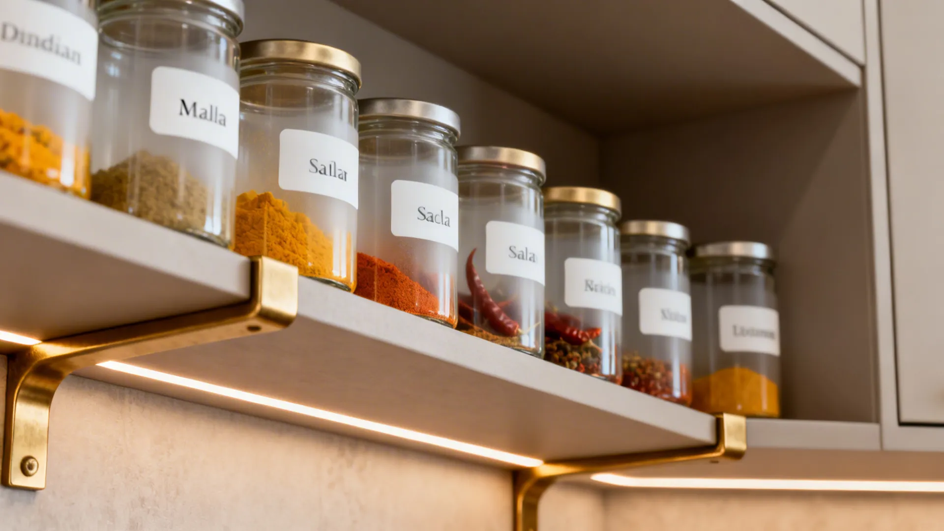 Glass spice jars with labels on a white kitchen shelf with integrated warm light fixture
