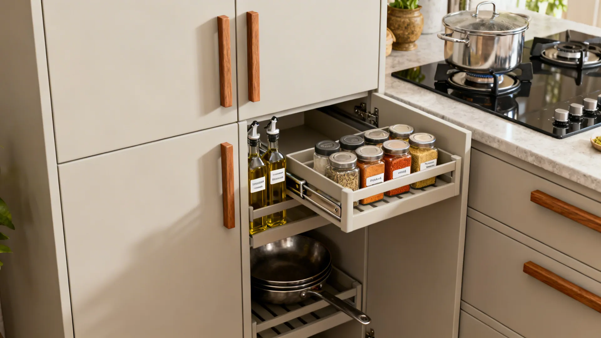Macro view of masala pull-out and bottle organizer in a tall larder cabinet with matte fronts.