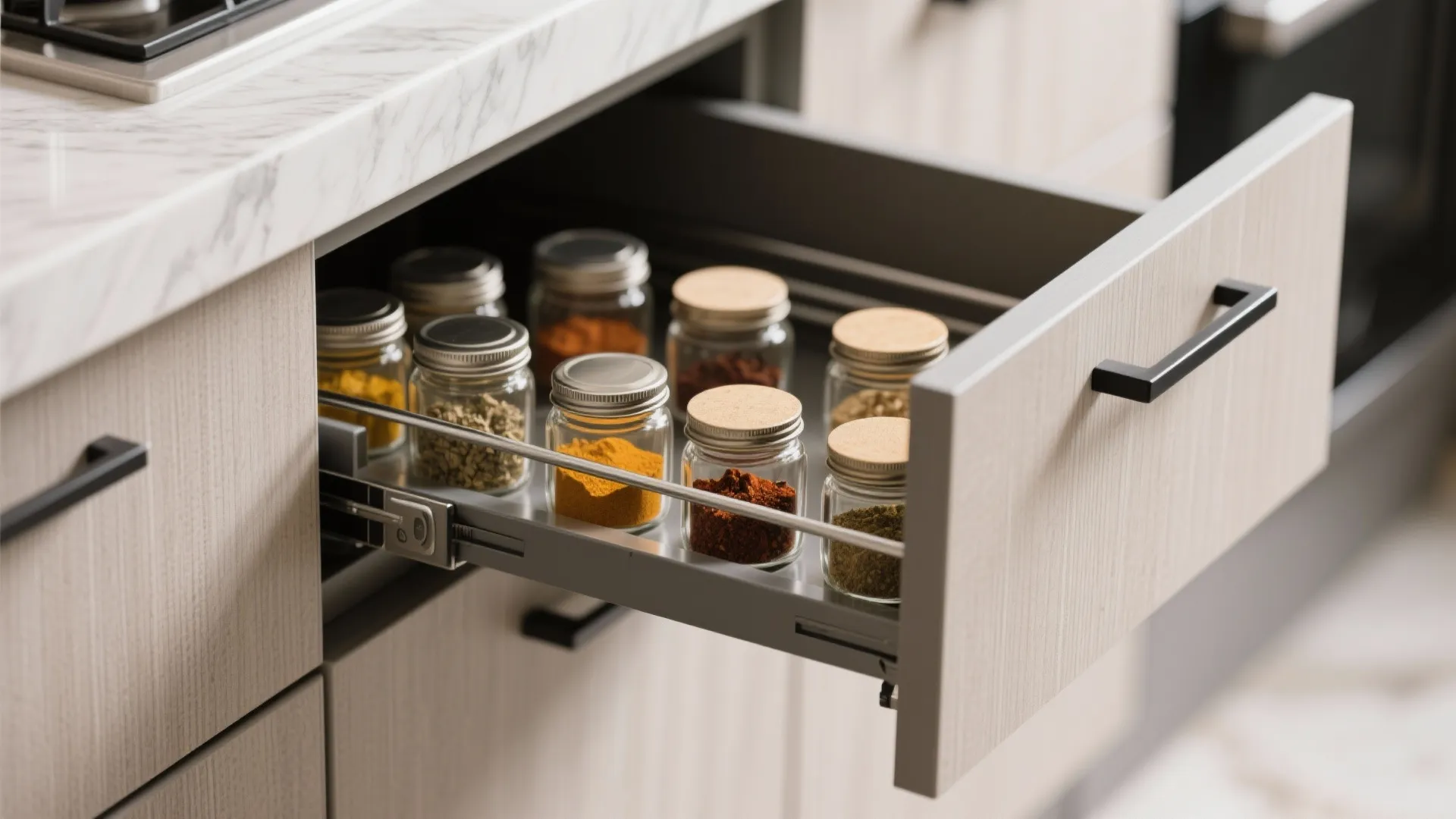 Modern kitchen cabinet drawer pulled out showing organized glass spice jars with wood and silver lids