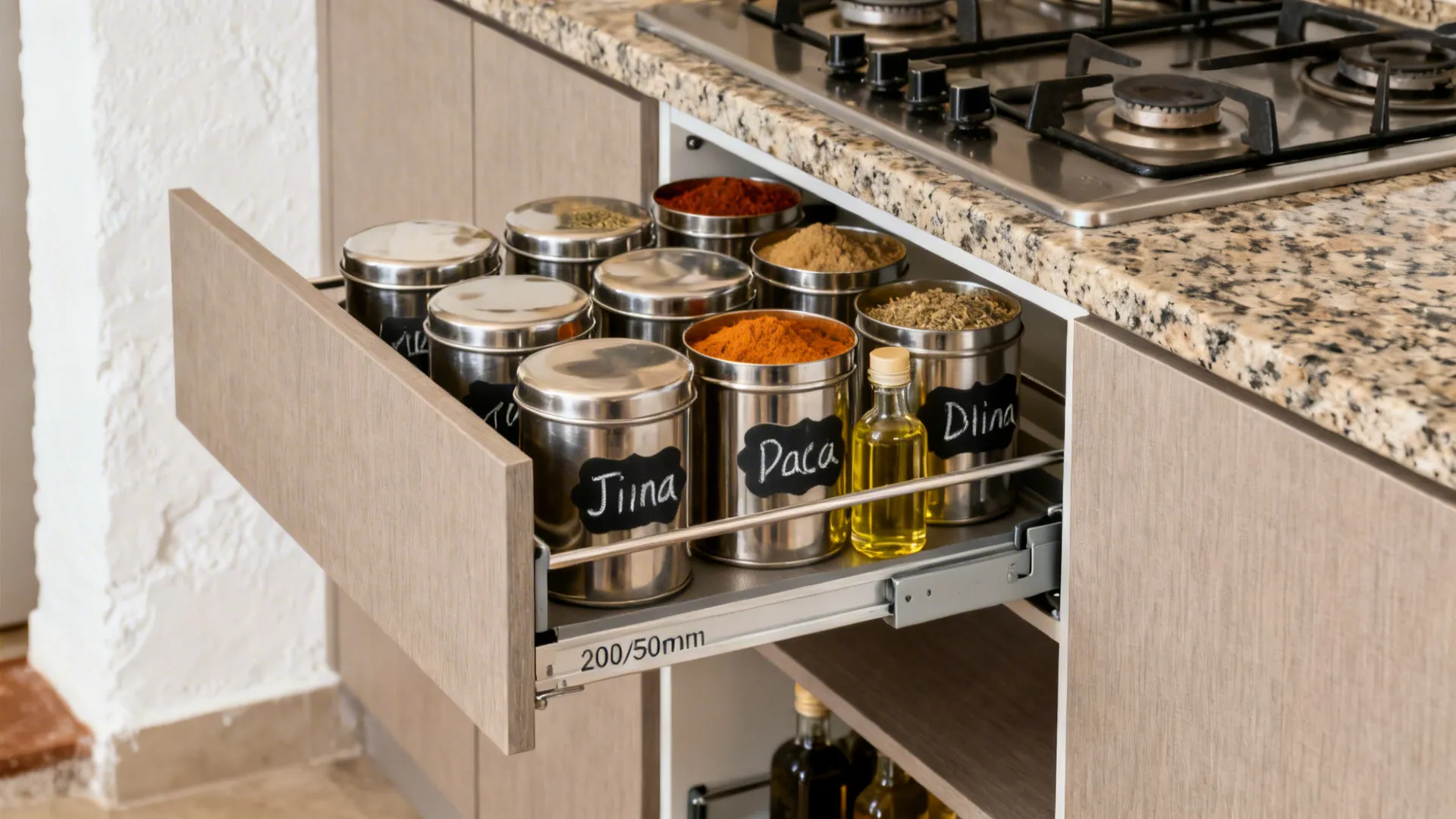 Macro of a slim pull-out spice organizer with labeled masala tins and oils beside the cooktop.