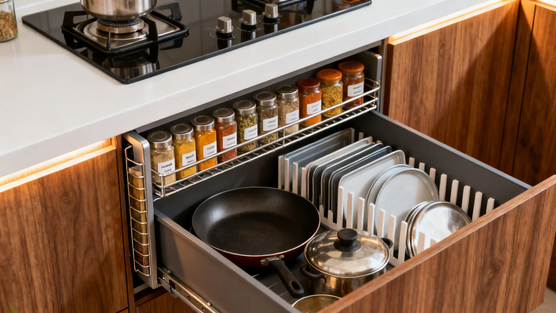 Macro view of a masala pull-out and deep cookware drawer organized beside the hob.