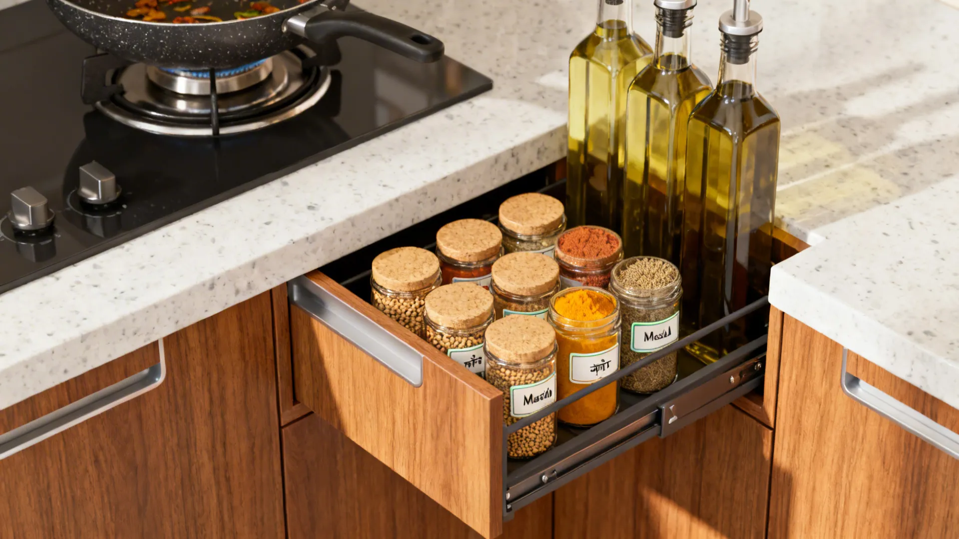 Macro of a slim pull-out spice rack by the hob with labeled masala jars and oil bottles.