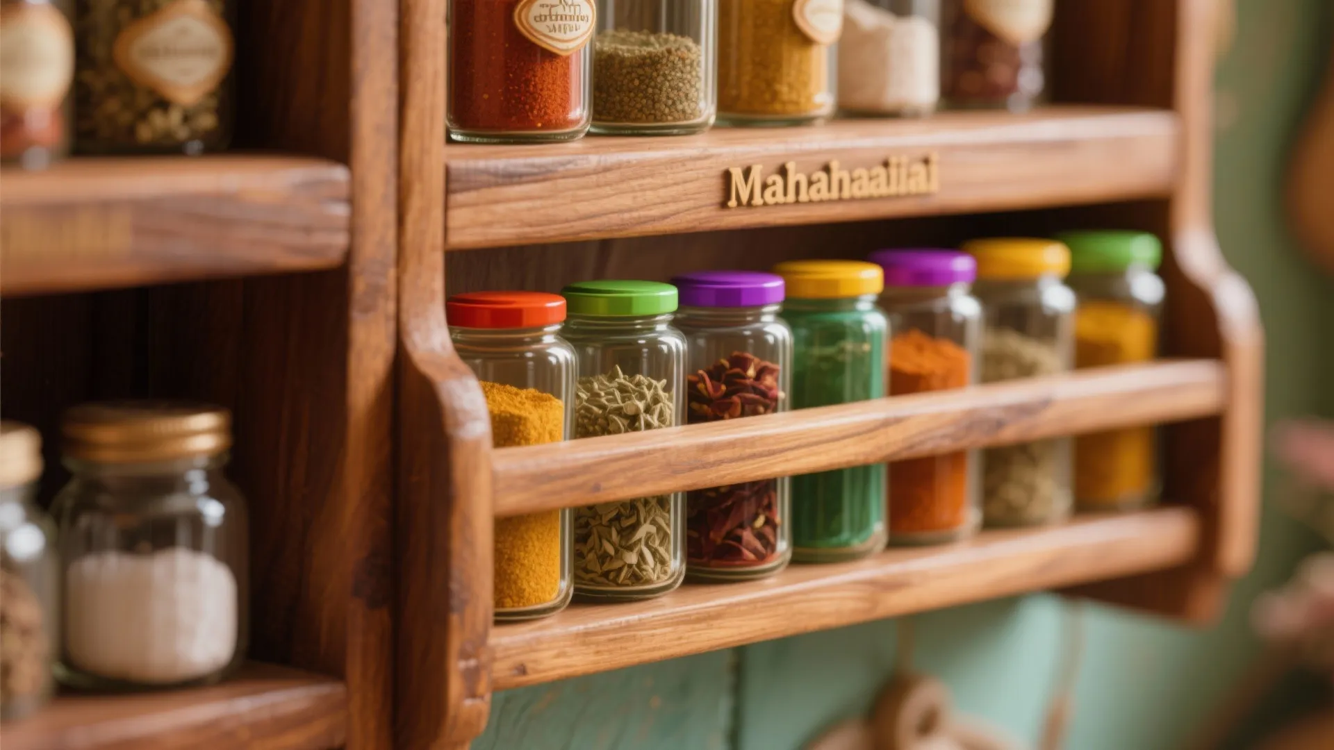 Close-up of a wooden masala rack with colorful spices