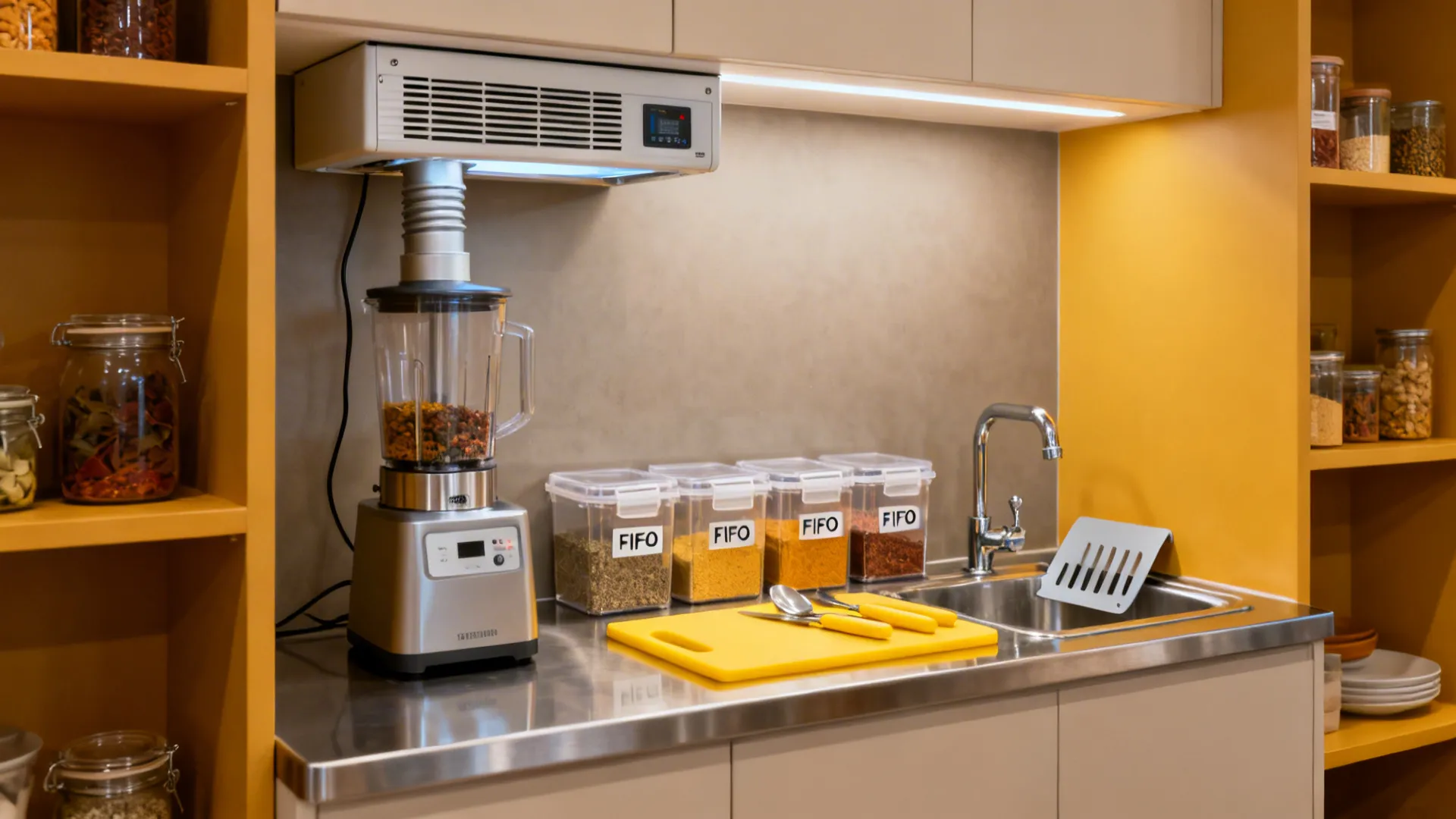 Dedicated masala station with capture hood, HEPA unit, sealed labeled spice bins, and yellow allergen tools.