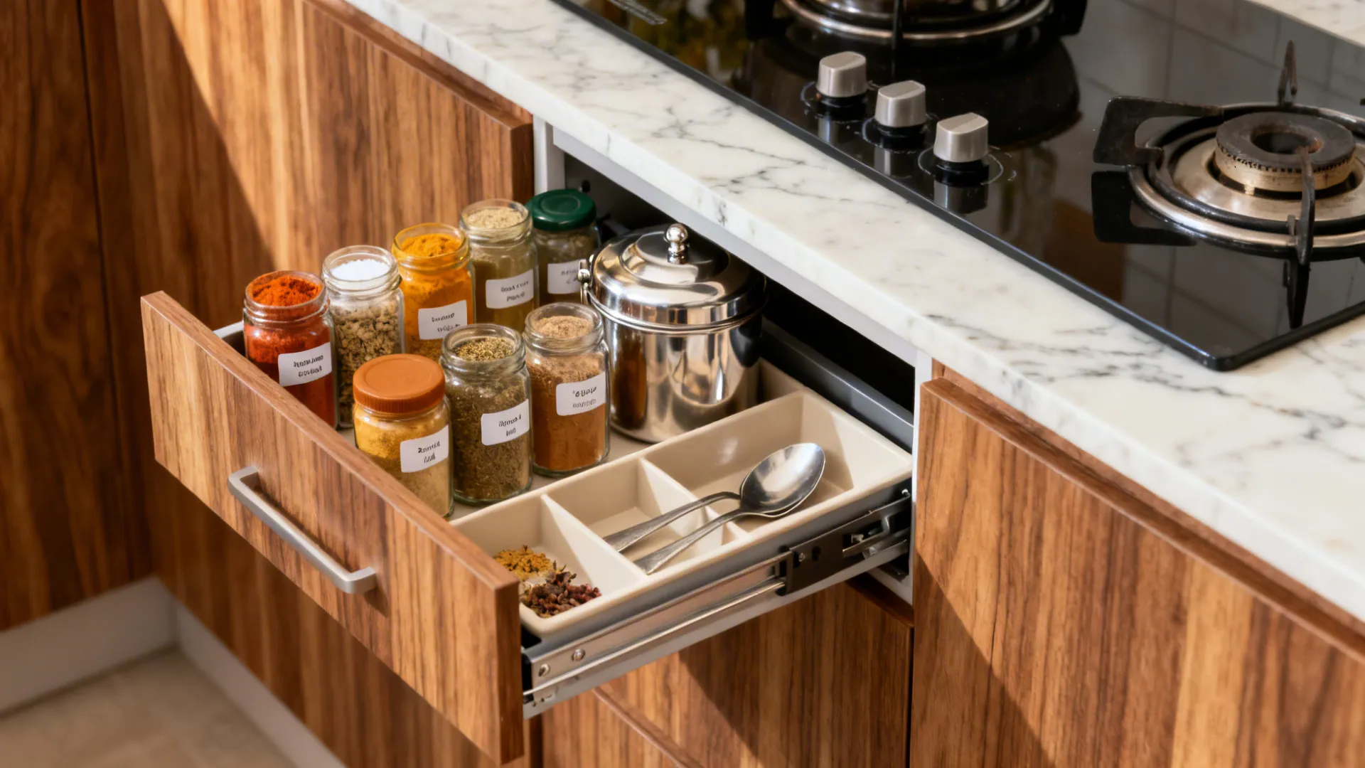 Macro of a slim spice pull-out with masala jars and a stainless masala dabba beside the hob.