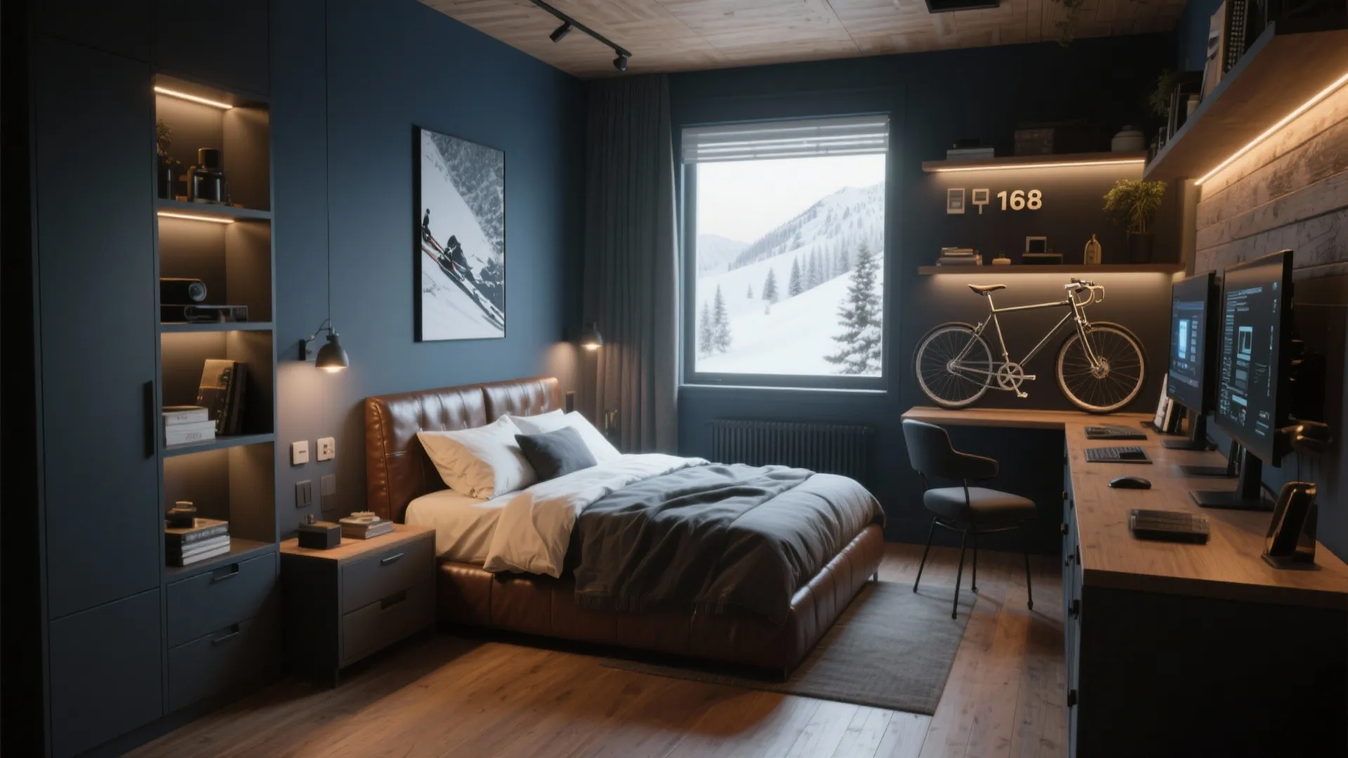 Modern dark blue bedroom with leather bed wooden desk wall bicycle and snowy mountain view