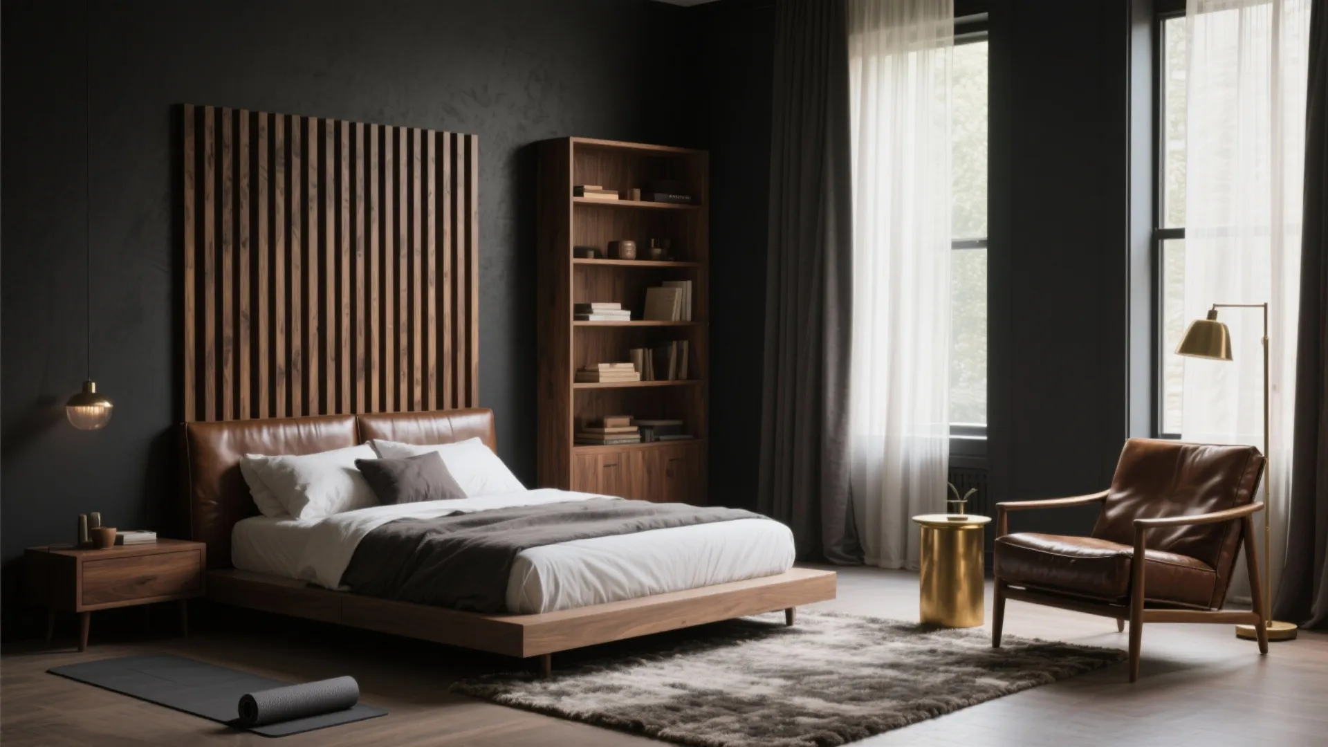 Modern bedroom with wooden wall panel leather bed bookshelf leather armchair gold floor lamp and rug