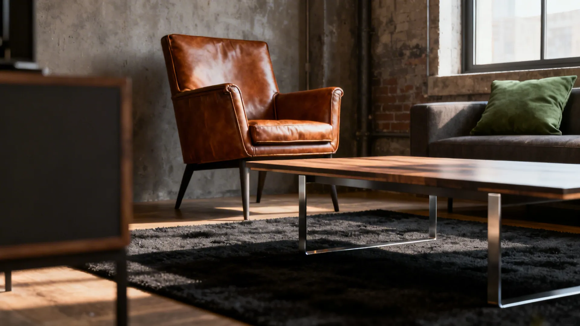 Industrial living room design with brown leather sofa wooden table black rug and brick walls