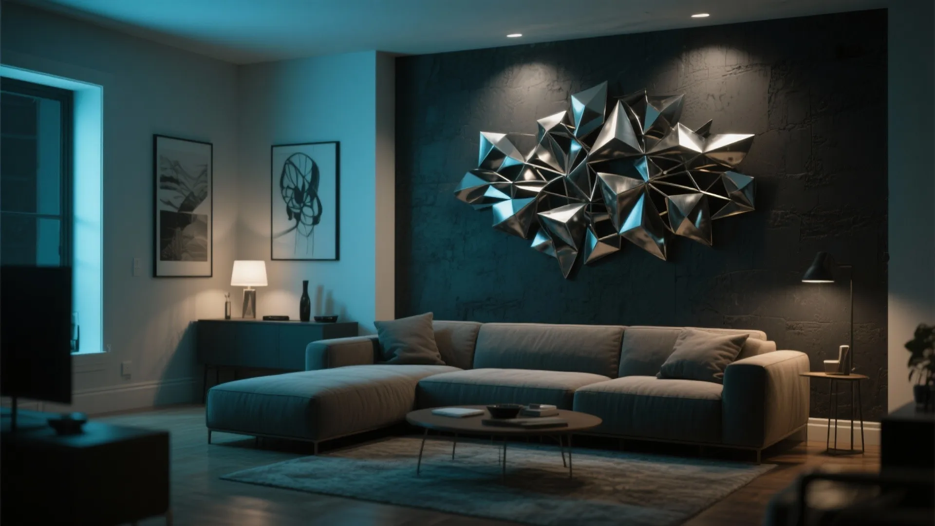 Bold metal wall sculpture in a dark-toned living room