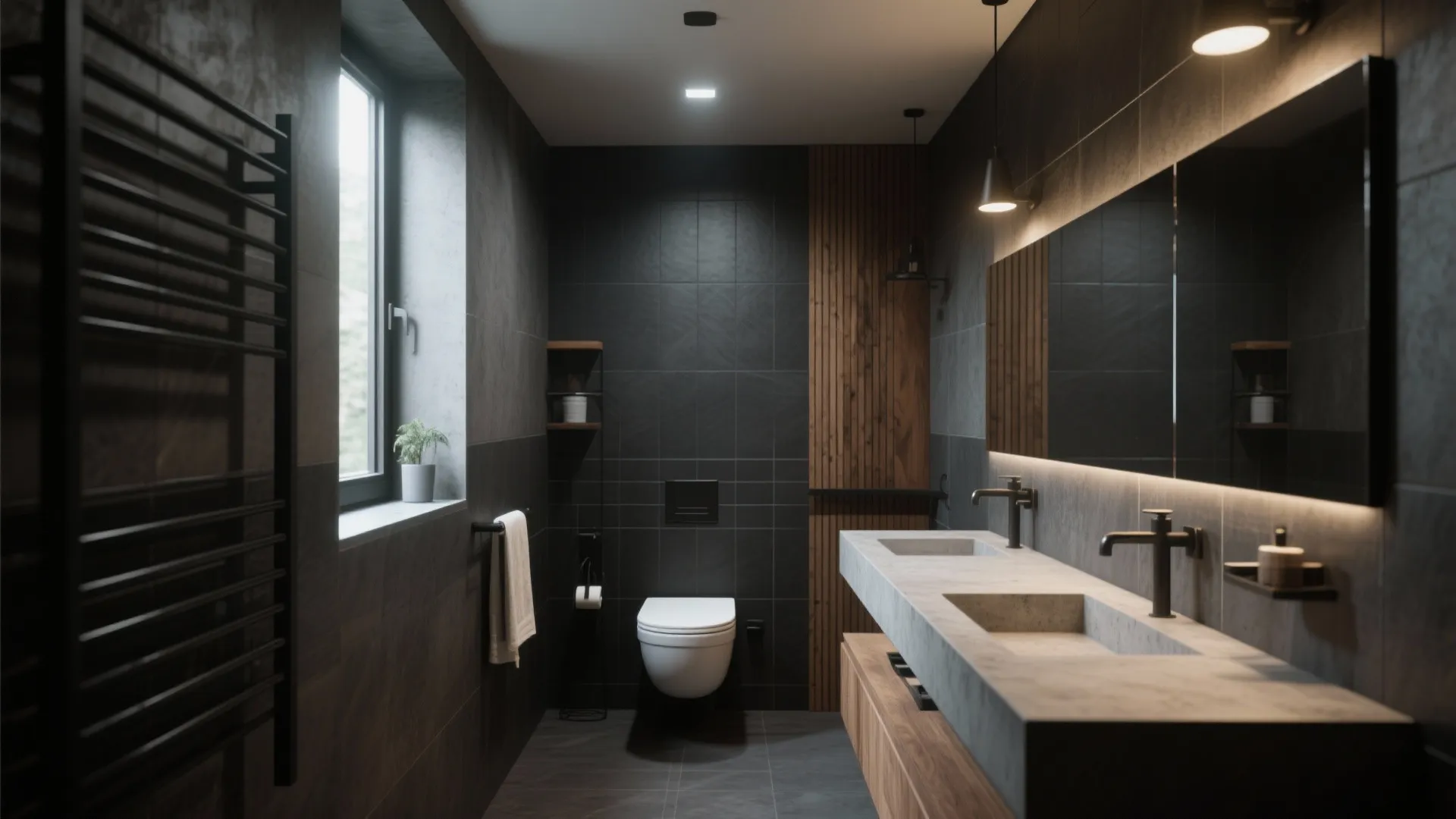 Modern dark bathroom with double sink cabinet large mirror wall light toilet and wooden accents