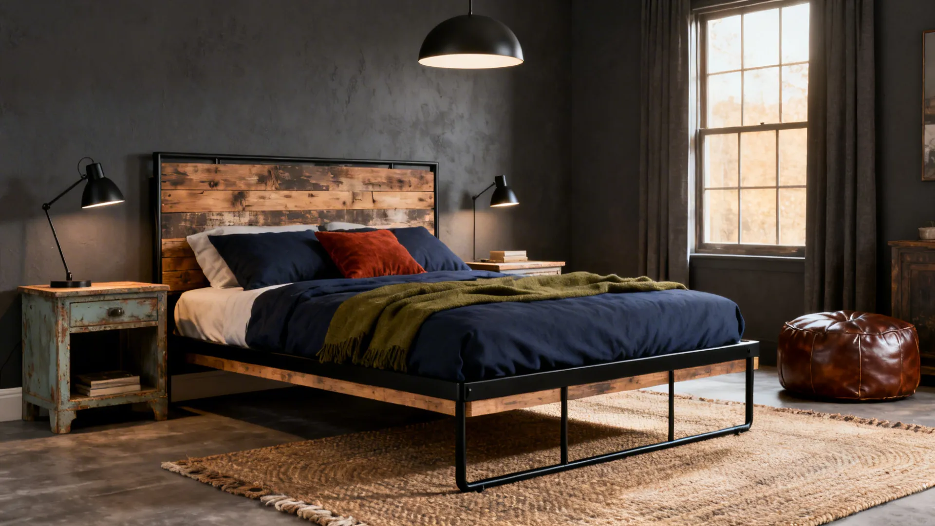 Industrial bedroom with wood headboard navy blue bedding black wall light ceiling light leather footrest