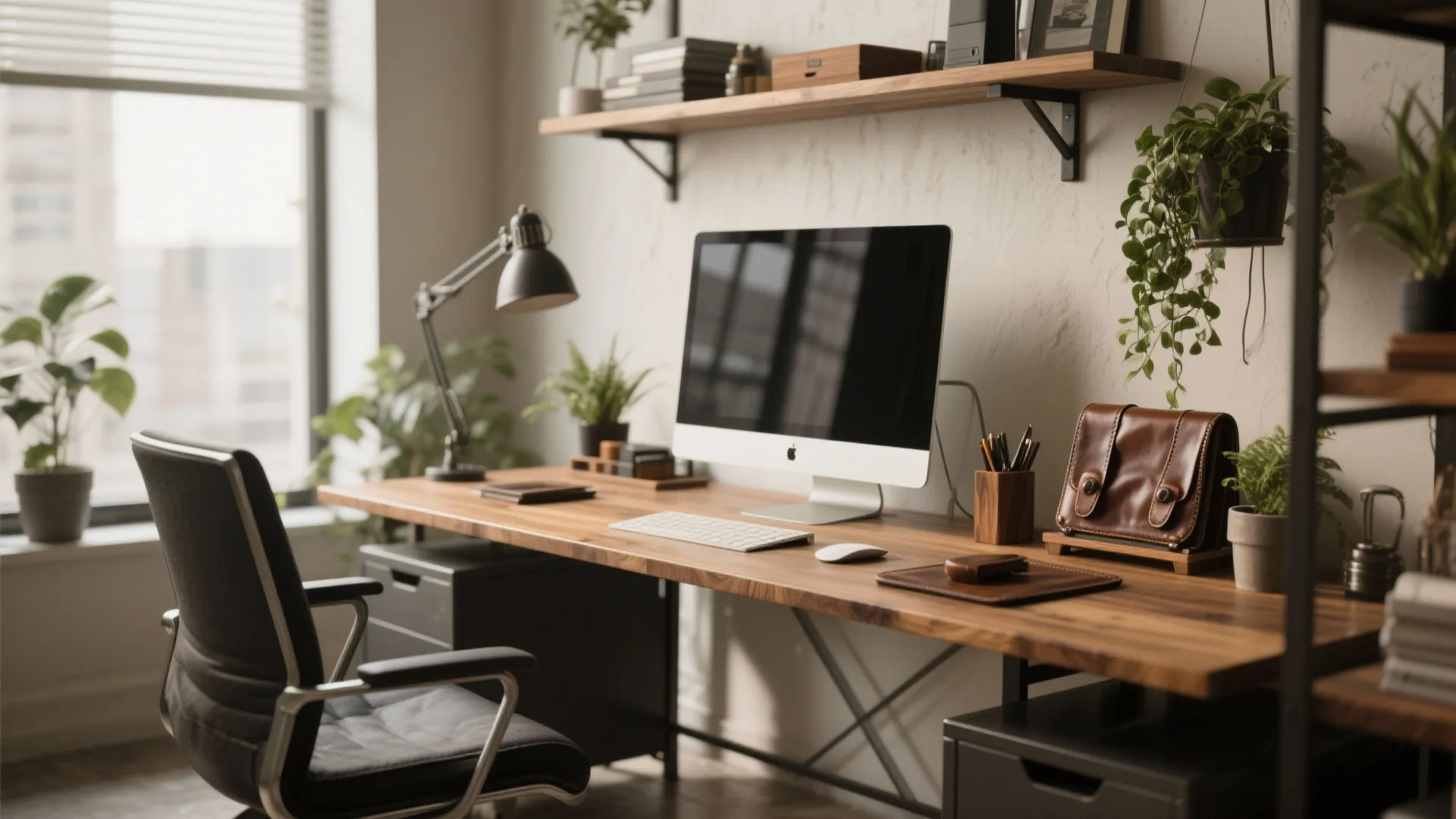 Modern workspace with wooden desk, computer, black chair, wall shelves, green plants, and natural light