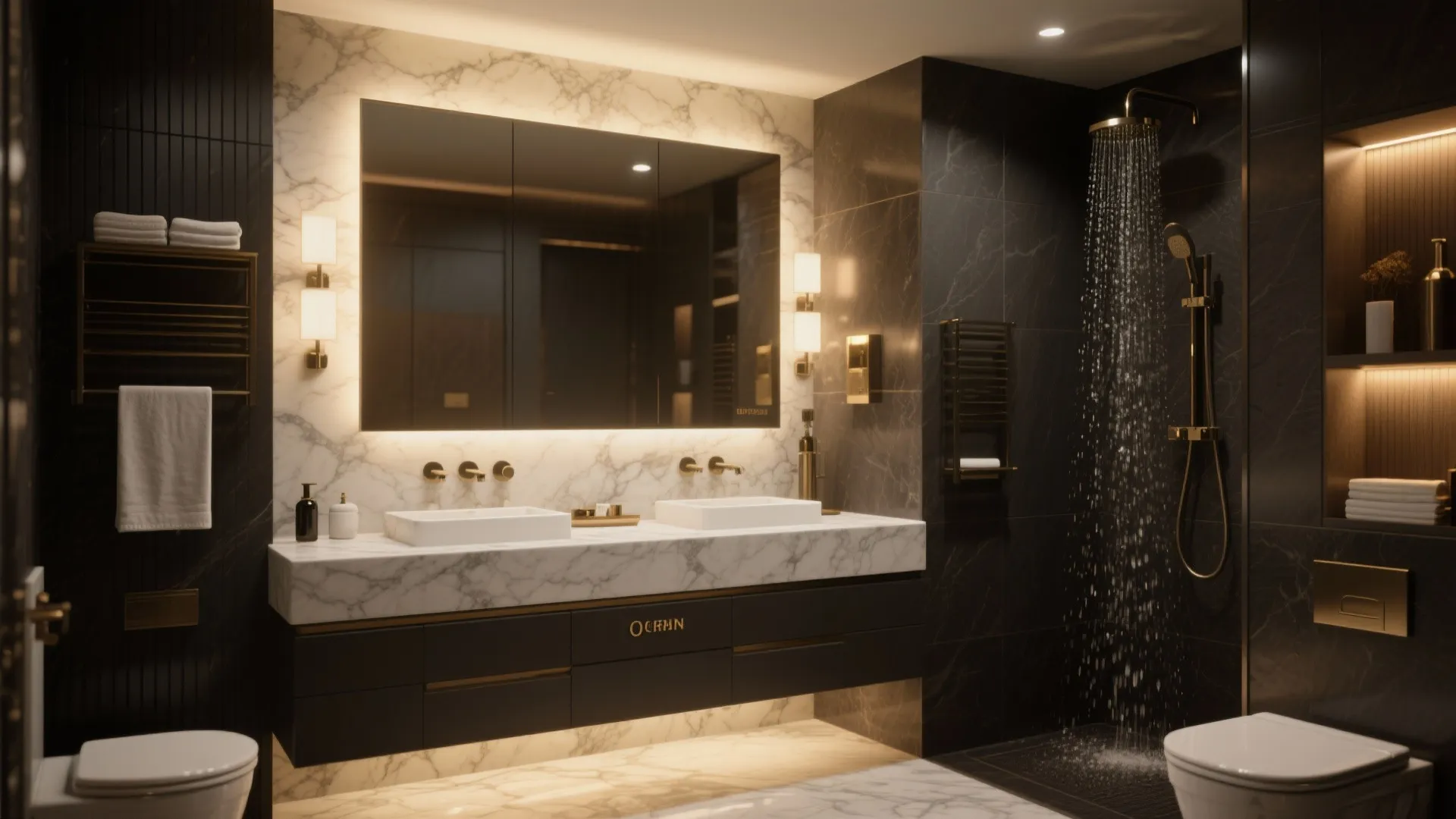 Luxury bathroom with black marble walls, double white sinks, large mirror, and gold shower head