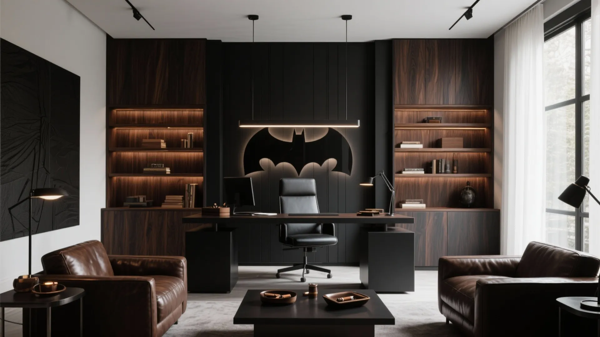 Modern home office with dark wood cabinets black desk leather sofas and a wall light