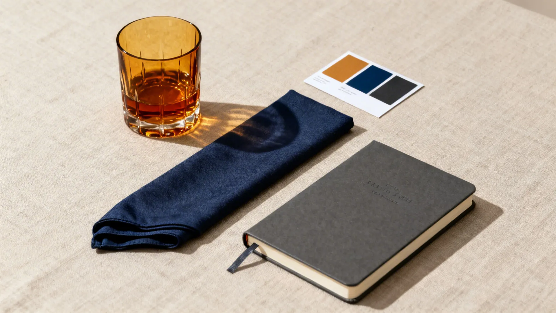 Flat lay of amber glass, navy pocket square, charcoal notebook, and palette swatches.