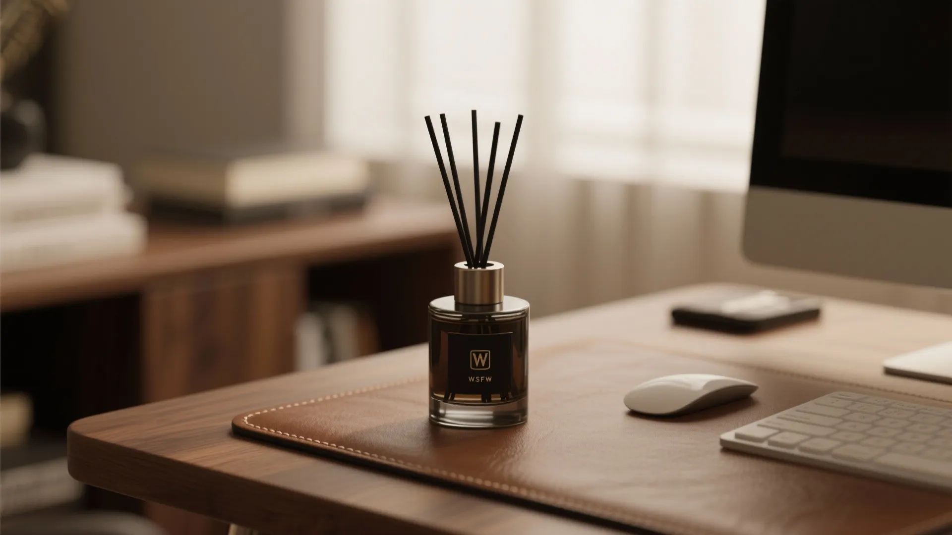 Modern wood desk with glass bottle scent diffuser and black sticks beside a computer mouse