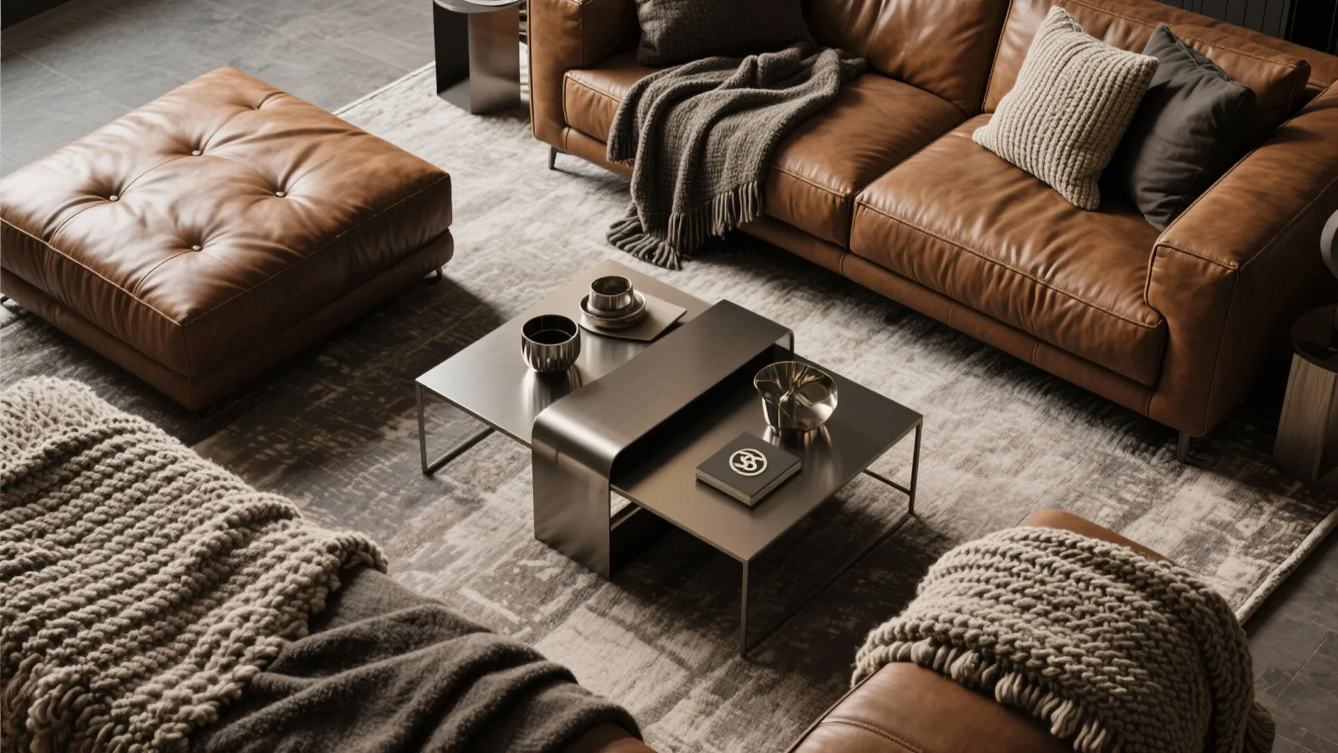 Modern living room featuring brown leather sofa metal coffee table patterned rug and grey knitted blanket