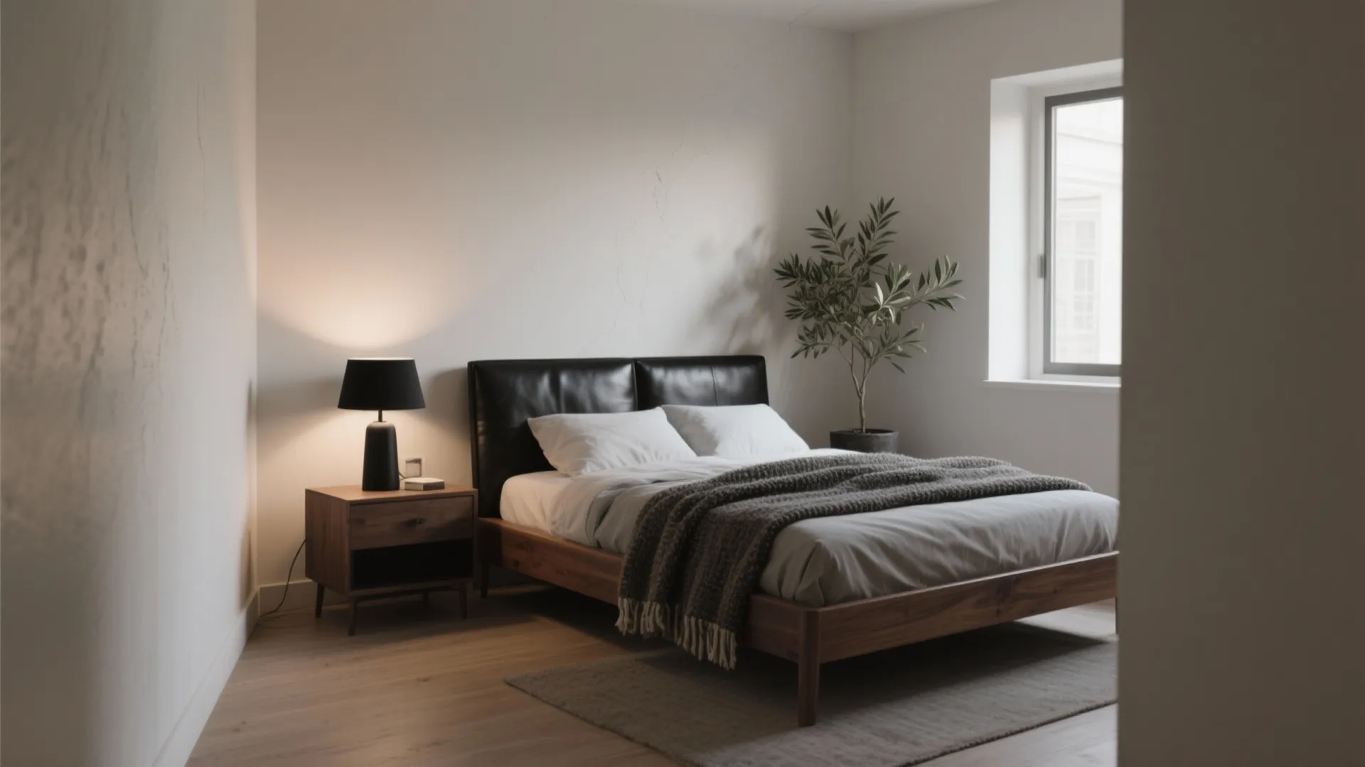 Minimalist bedroom with wooden bed and black leather headboard and bedside lamp and green indoor plant