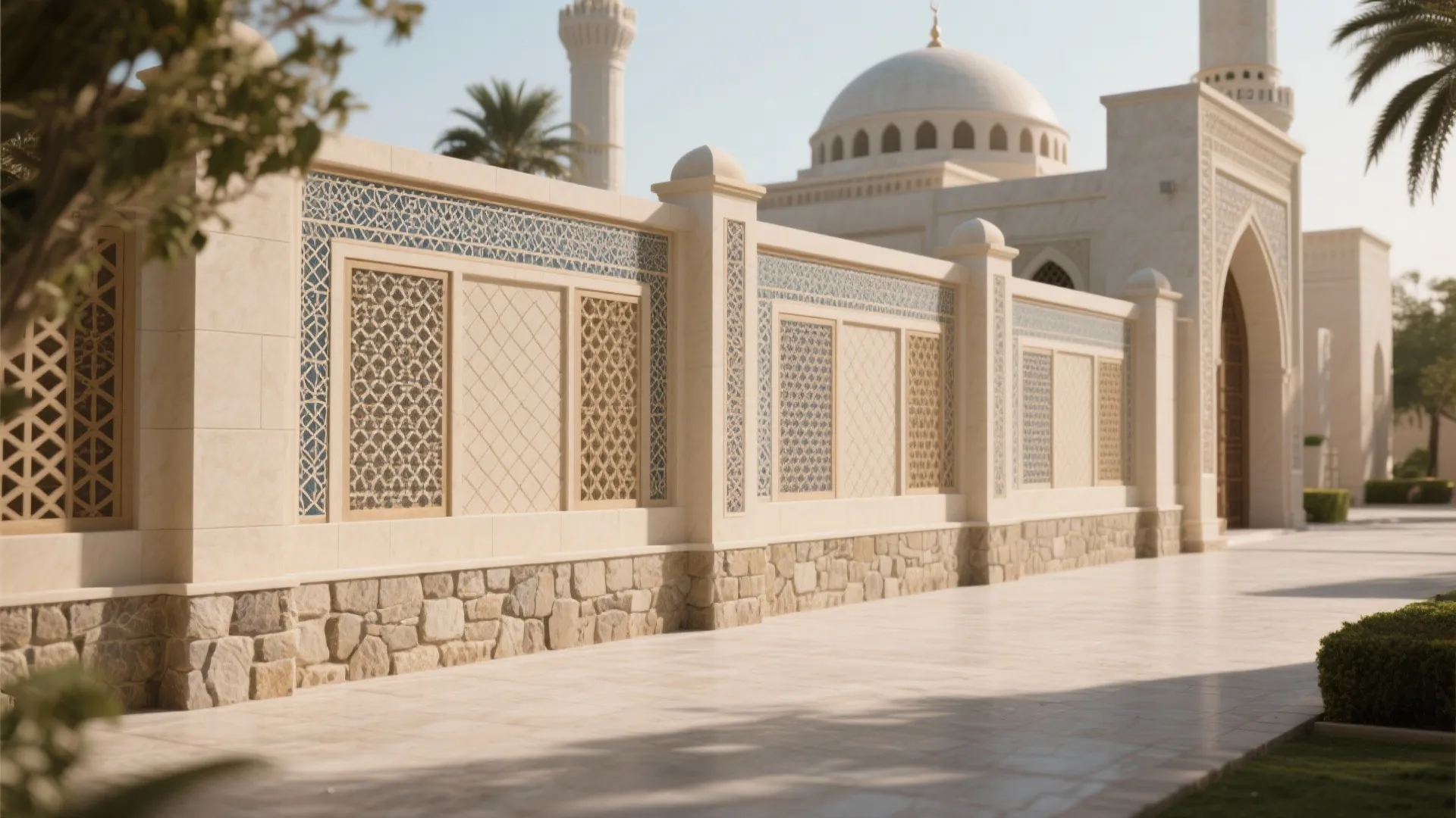 Outdoor decorative wall with blue patterns and stone base near a white building with dome