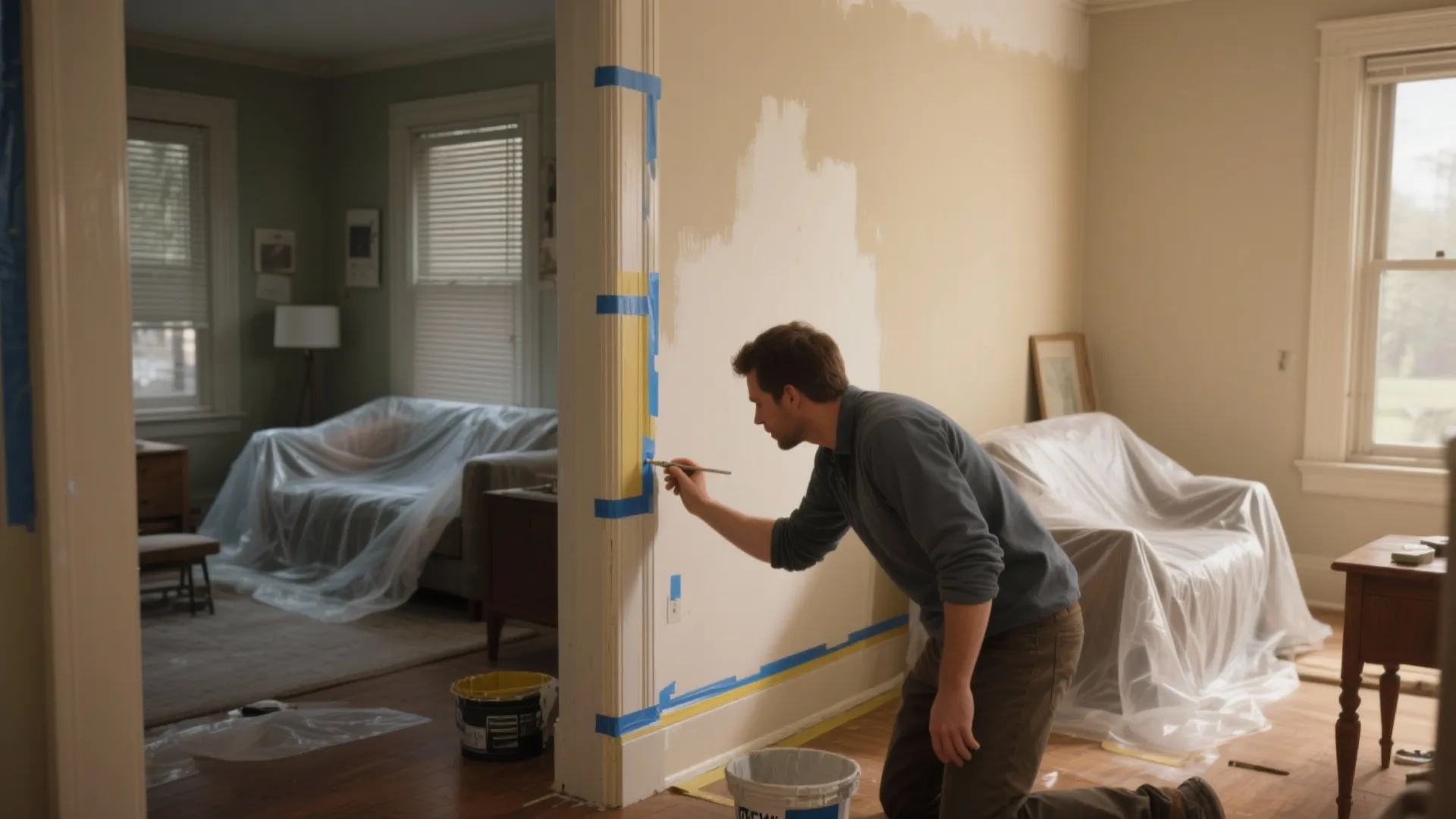 Man painting a wall edge with a small brush using blue tape for clean lines