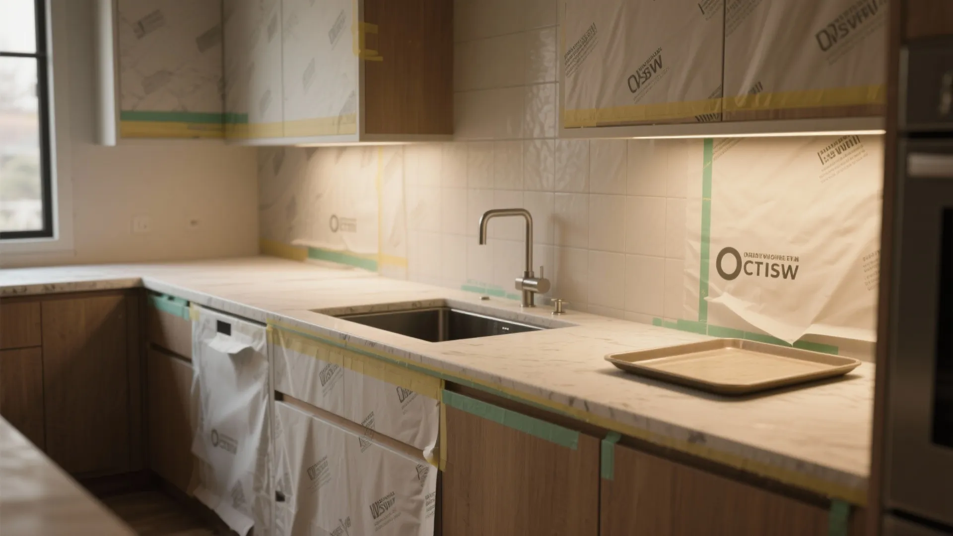 Countertop with meticulously masked edges and removed hardware ready for spray painting
