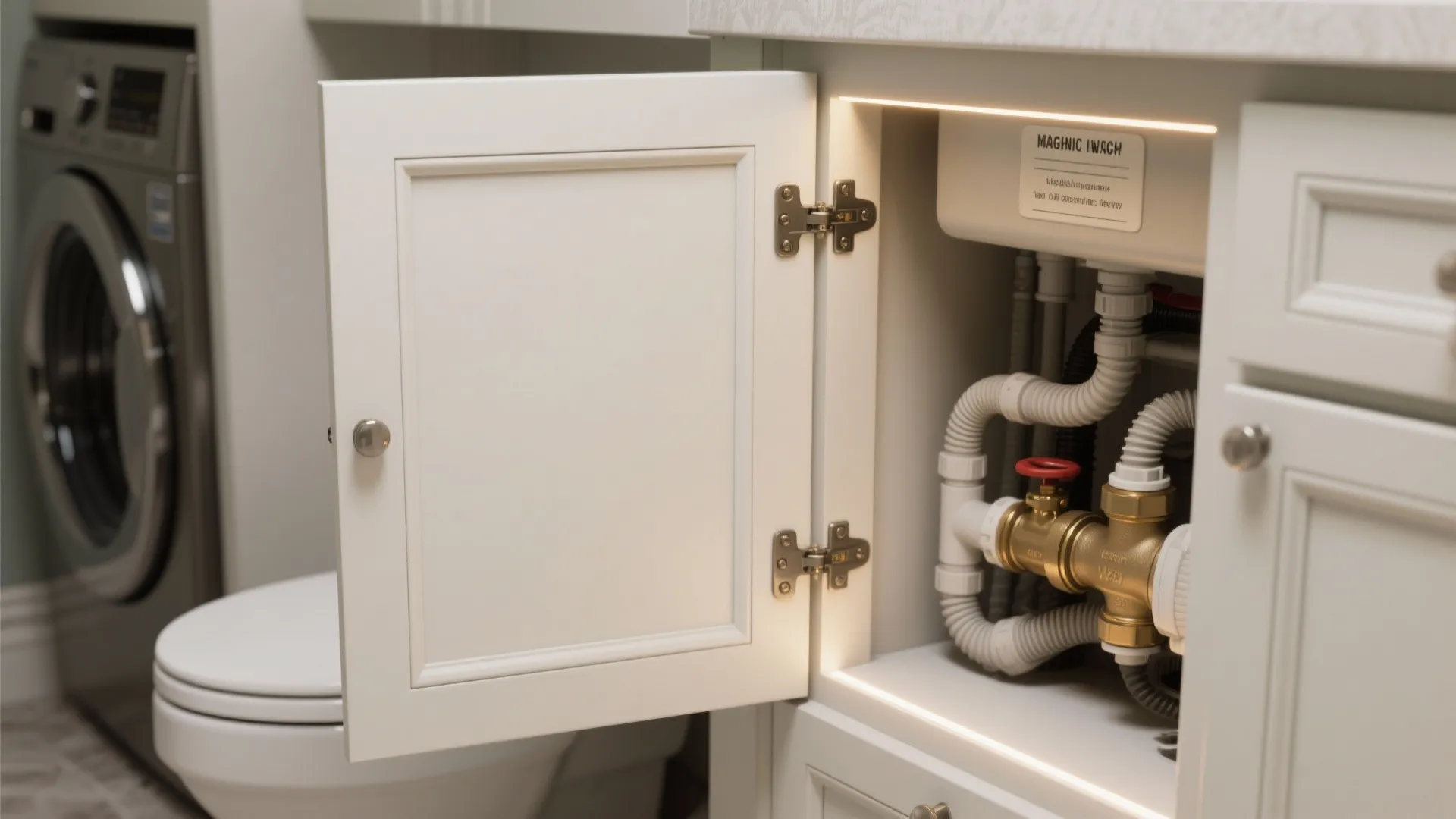 Open white bathroom cabinet showing internal water pipes and gold valve with a washing machine nearby
