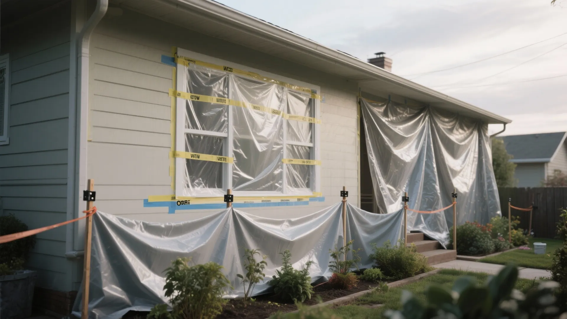 House side with taped windows, drop cloths and temporary wind-blocking tarps protecting plants and trim.