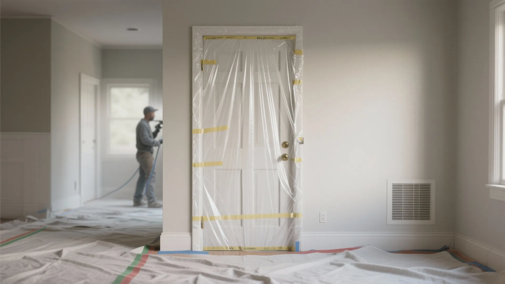 White interior door covered with plastic sheets and yellow tape for protection during home renovation