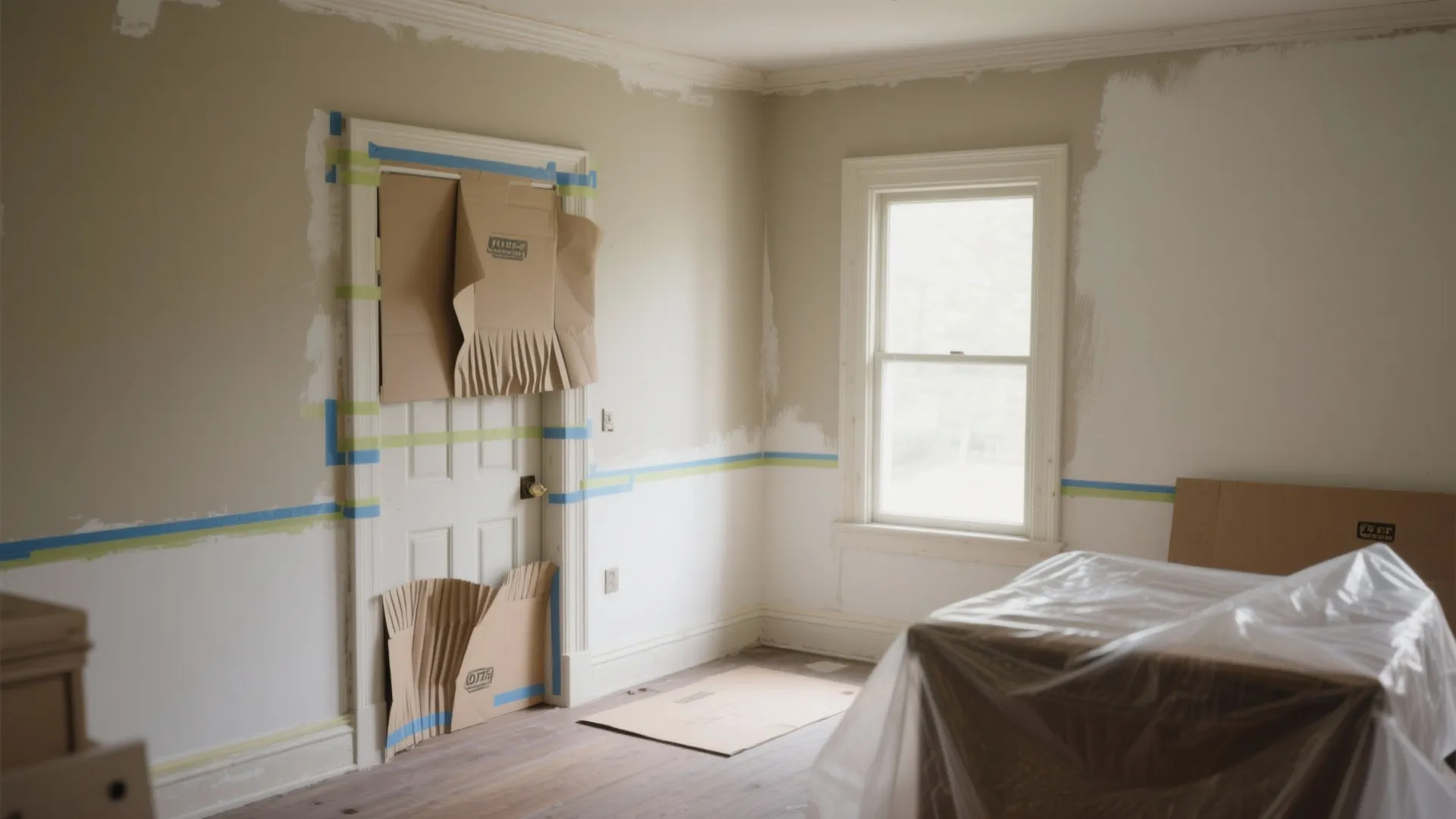 Interior room with blue masking tape on beige walls and cardboard protecting the white door