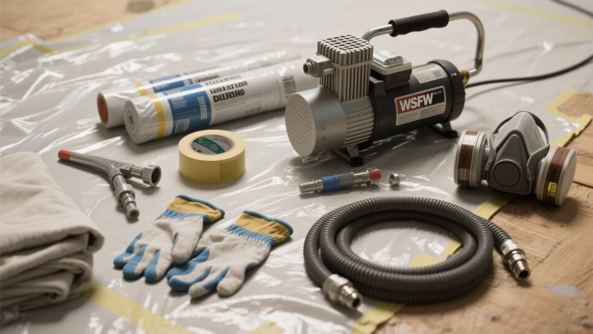Home painting tools including air compressor and safety mask and gloves on plastic floor sheet