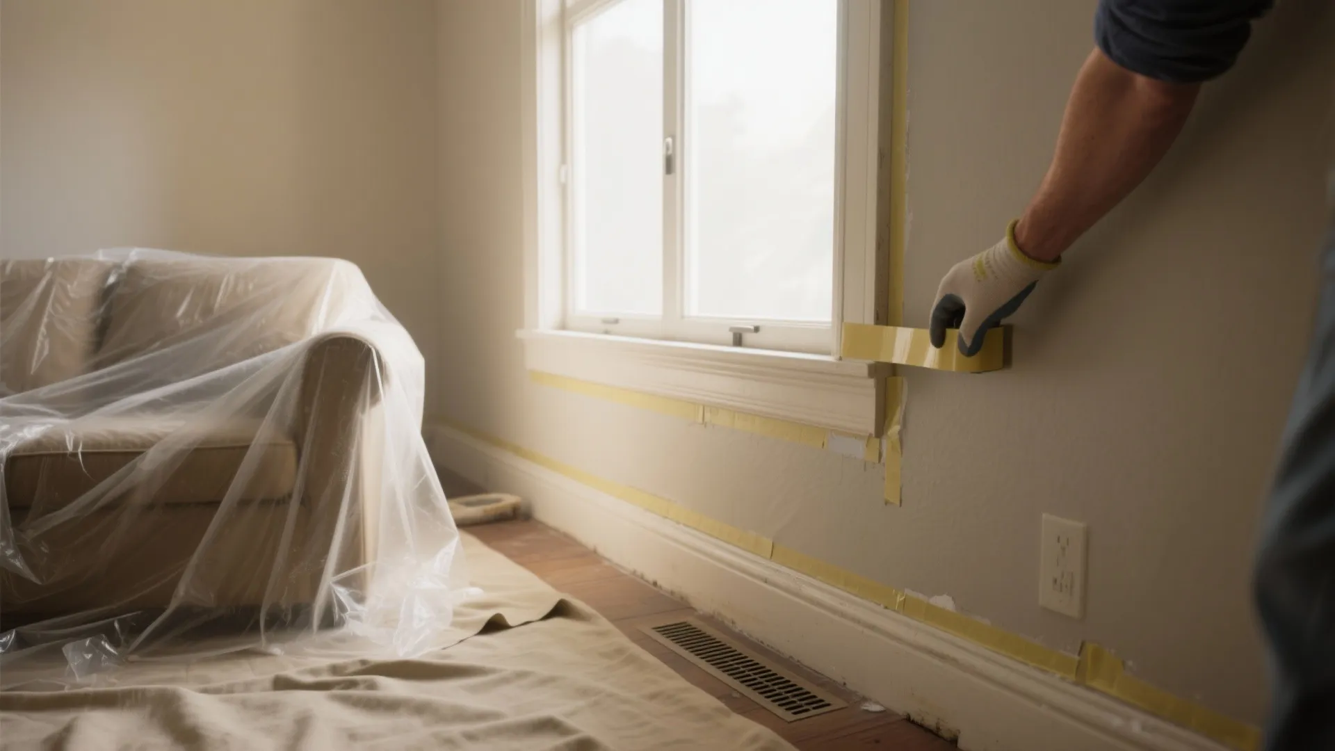 Person applying yellow masking tape to a wall near a window and covered sofa furniture
