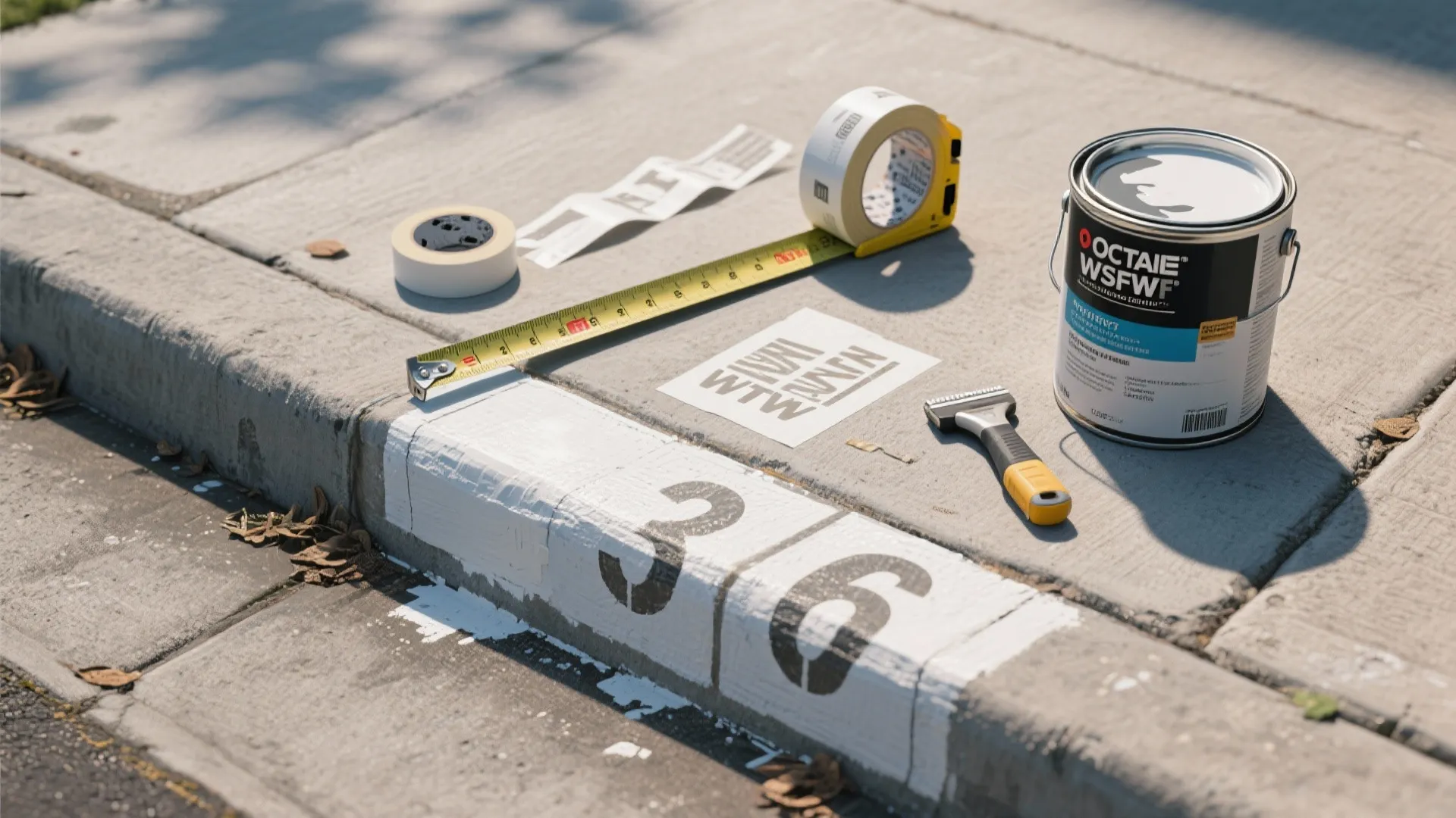Top-down view of tools and materials for painting curb numbers: tape, stencil, primer, paint, sealer.