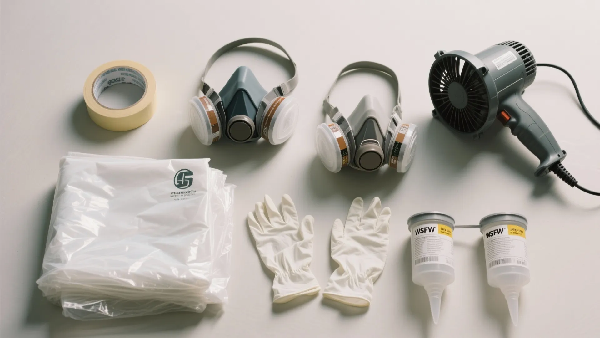 Safety equipment including masks, gloves, tape, and a fan for home painting and renovation projects