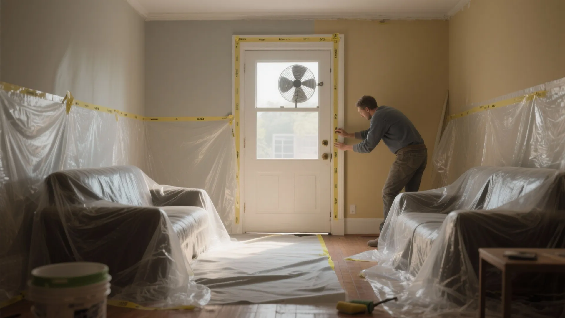 A room prepped for spraying with plastic sheeting, taped trim, covered furniture and an exhaust fan in the window.