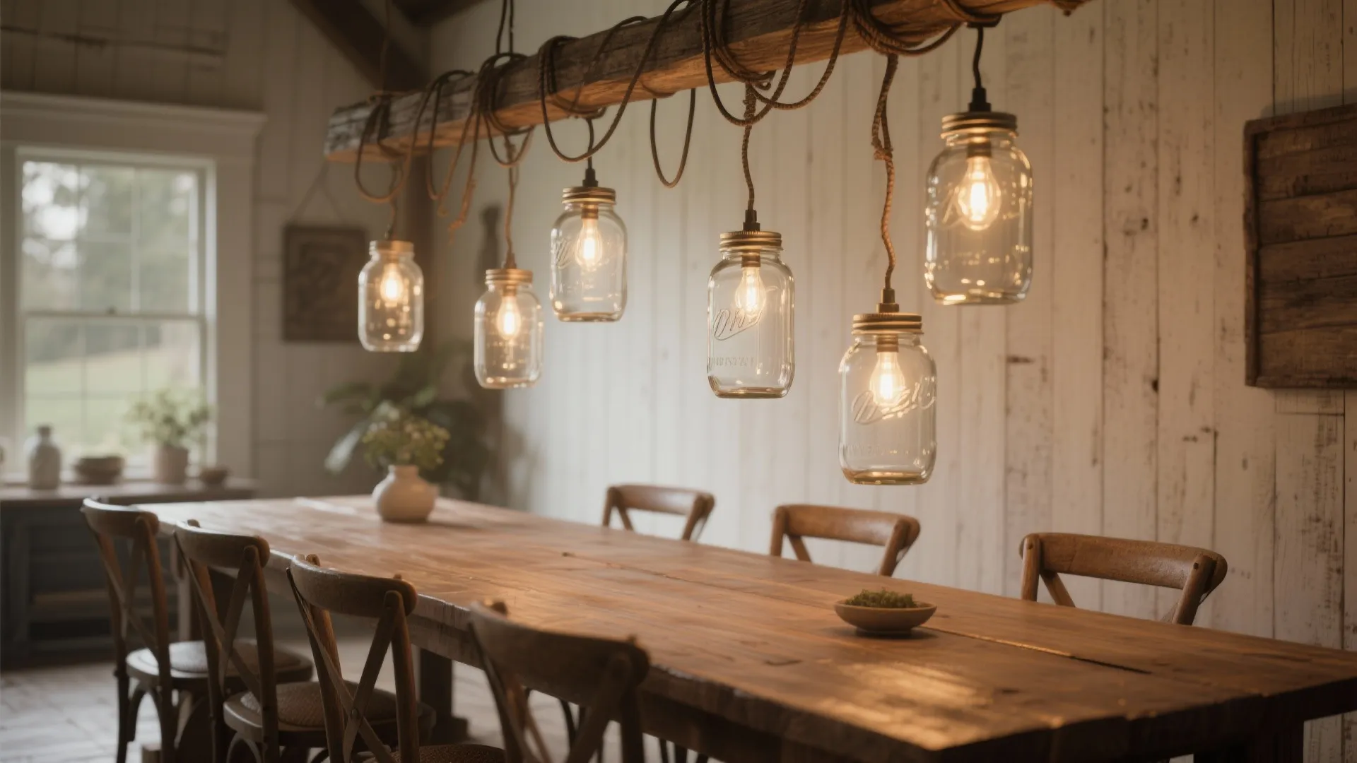 Multiple glass jar light fixtures hanging from a wooden beam over a long dining table